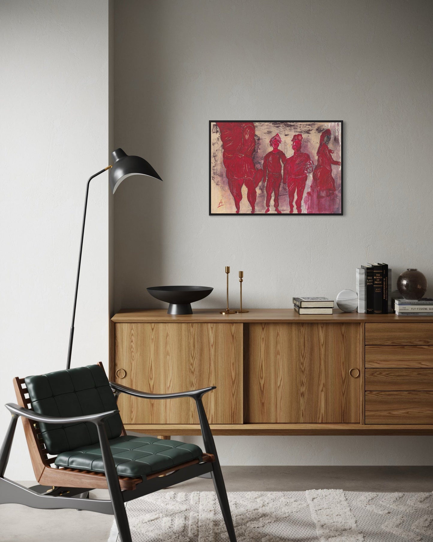 Modern living room with wooden cabinet, black chair, and abstract art on the wall.