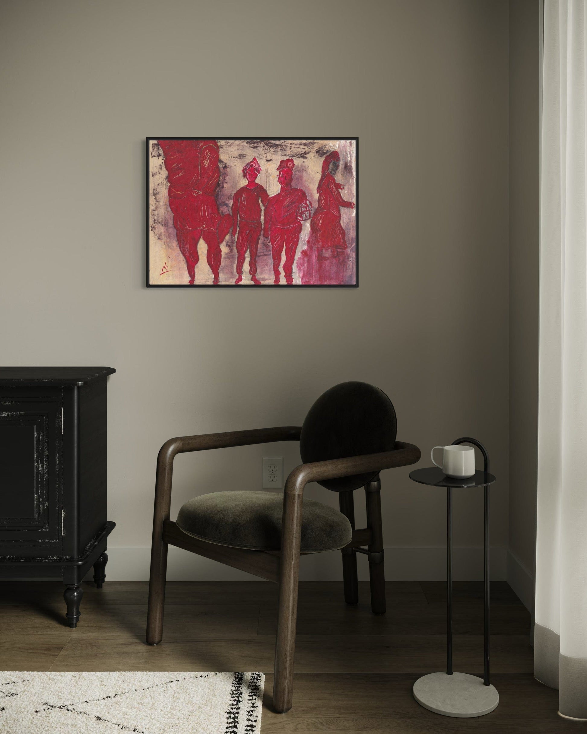 Modern interior with a chair, small table, and framed artwork on the wall.