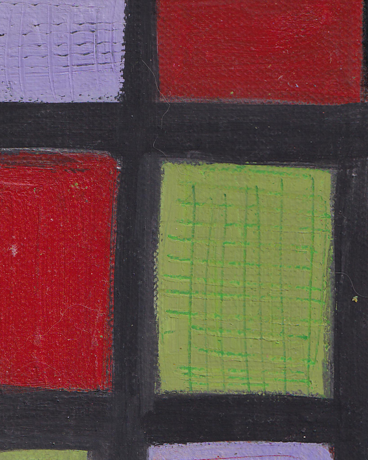 Four square tiles in red, green, and purple with textured borders.