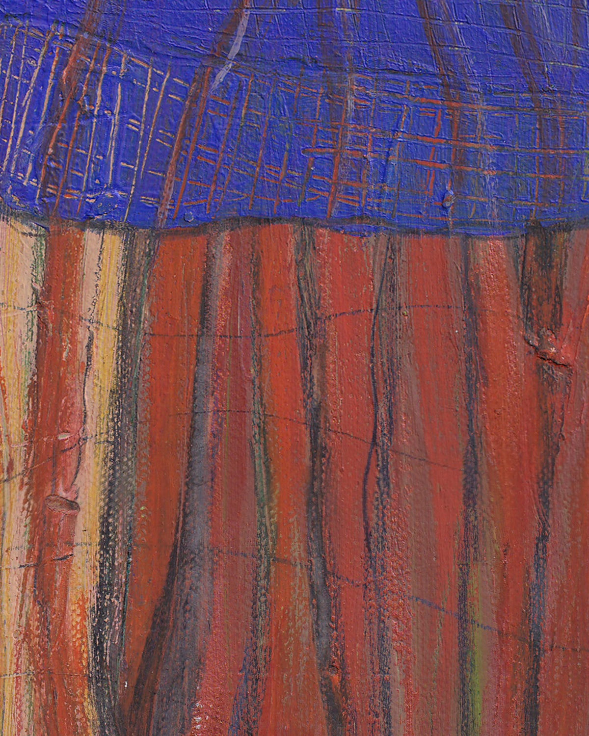 Abstract artwork with vertical red and blue stripes