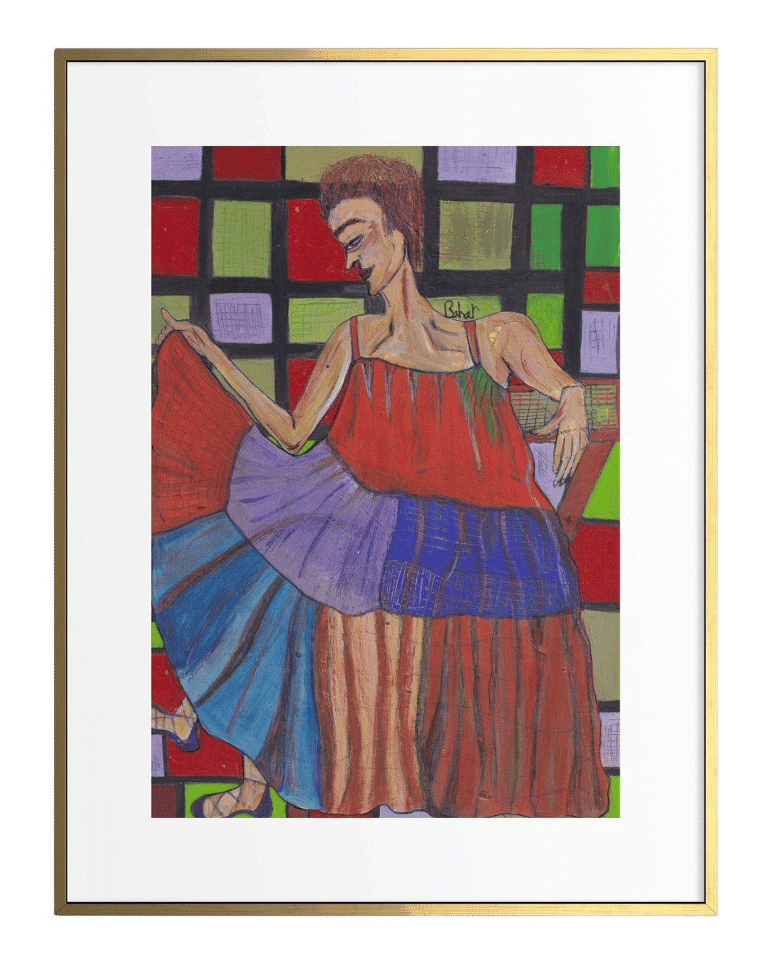 Artistic depiction of a person in a colorful dress with a geometric background