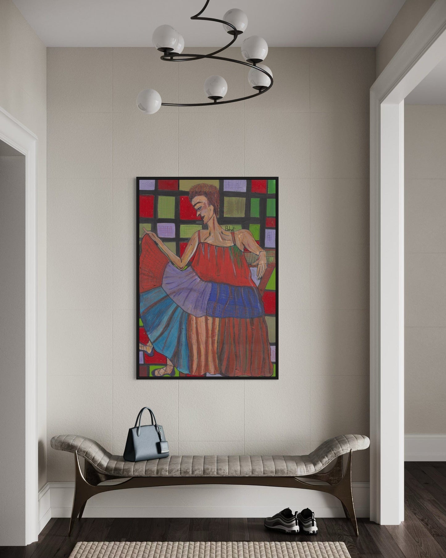 Colorful abstract painting on a wall above a bench in a room.