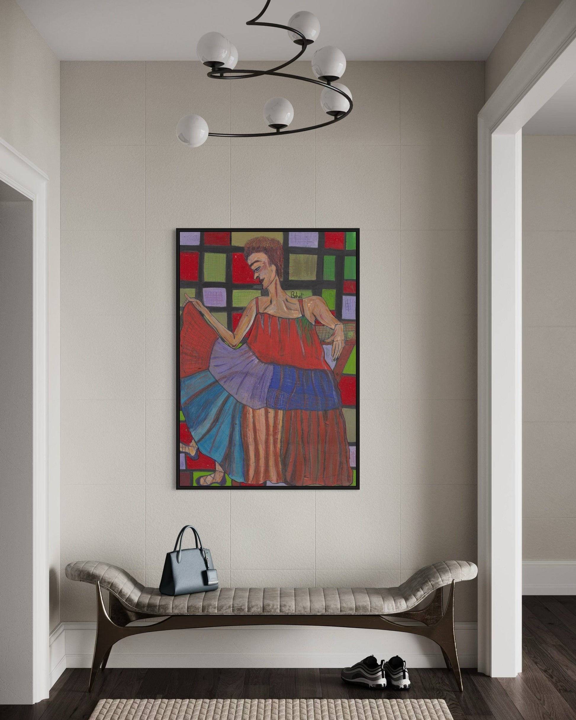 Colorful abstract painting on a wall above a bench in a room.