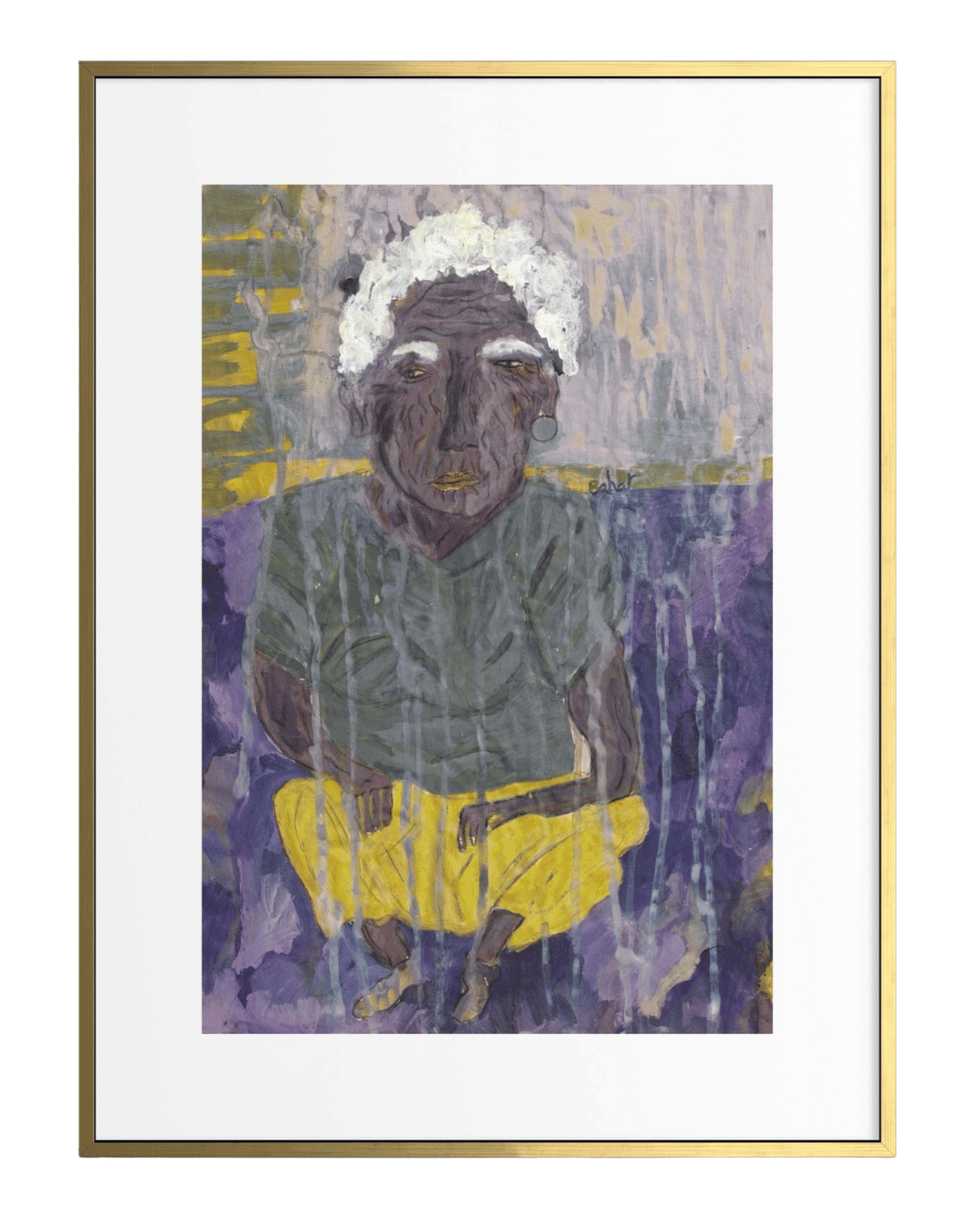 Framed artwork of a person wearing a green shirt and yellow pants against a textured purple background.