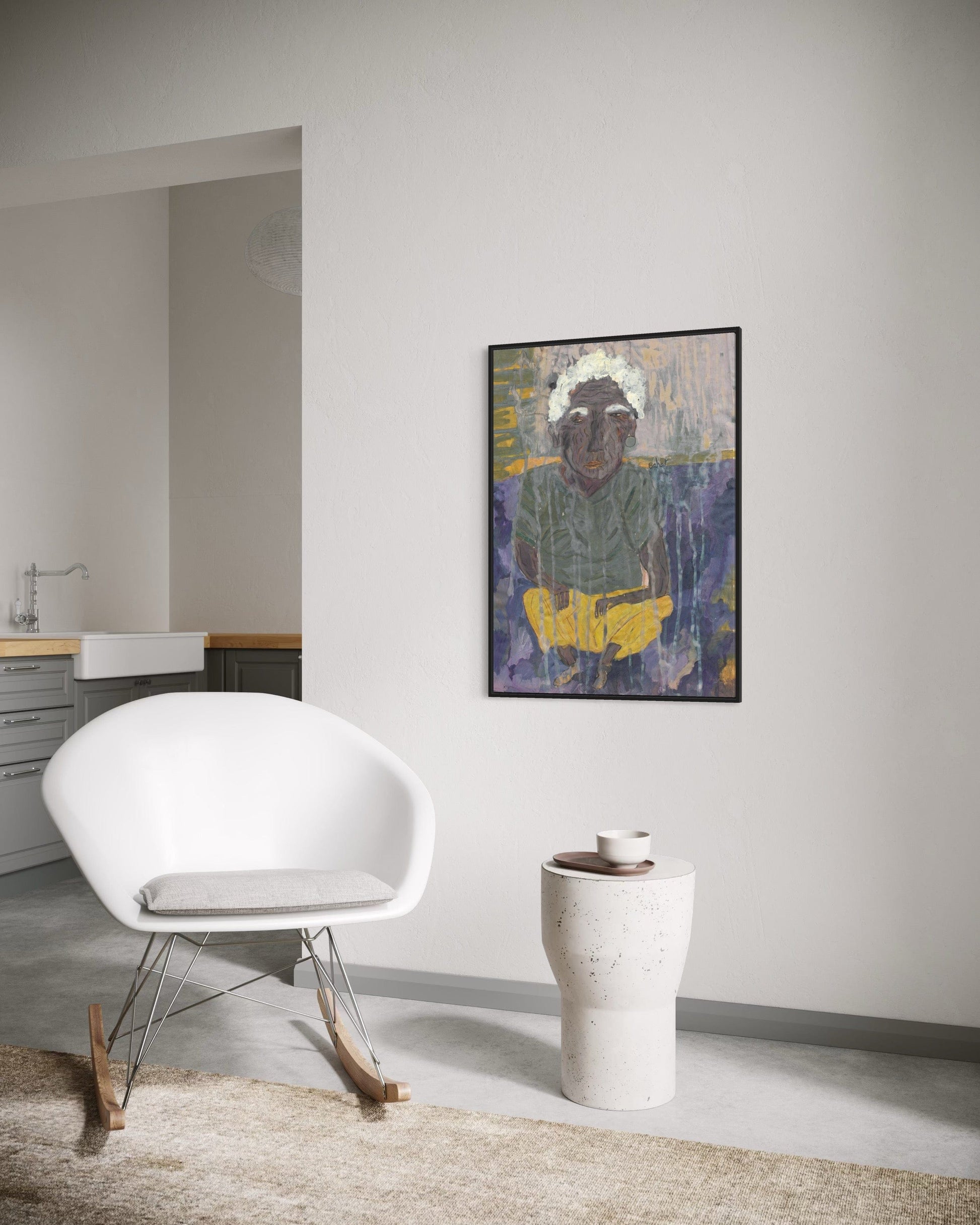 Modern interior with a white chair, textured wall, and abstract painting.