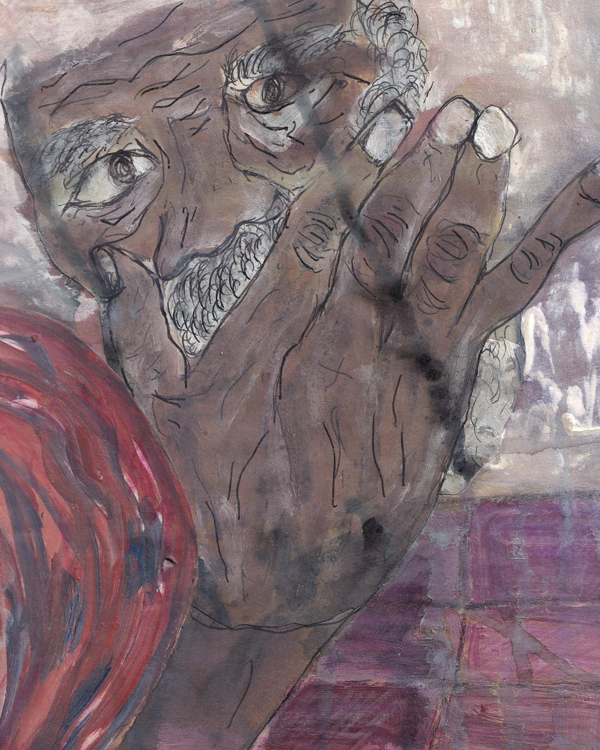 Abstract painting of a hand with a textured background