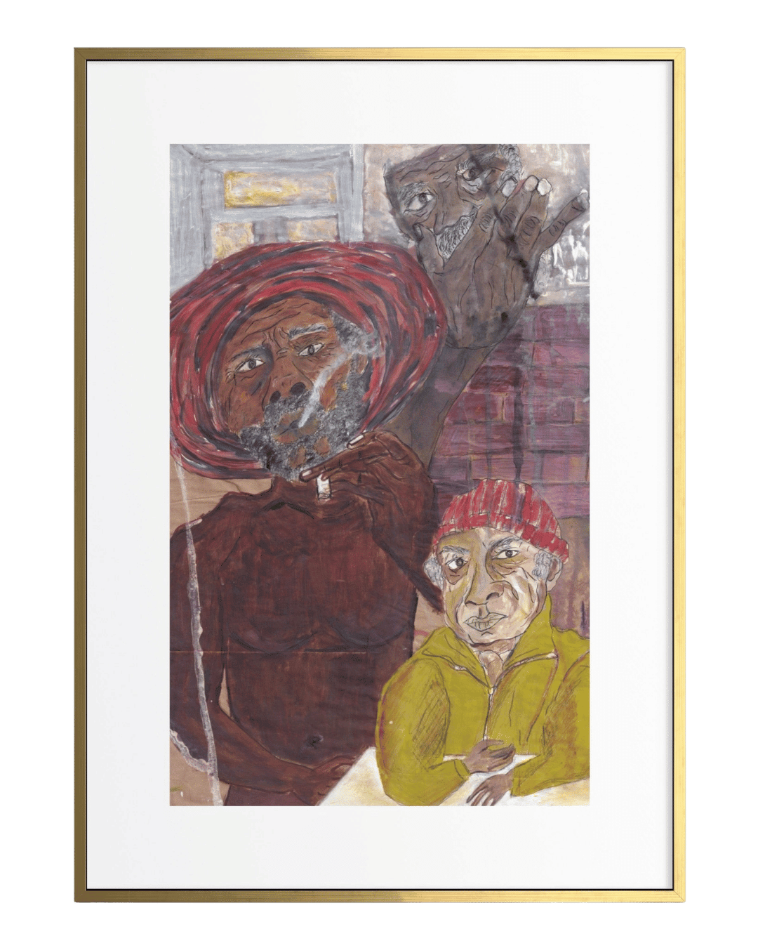 Framed artwork of two figures with a red and green color scheme.