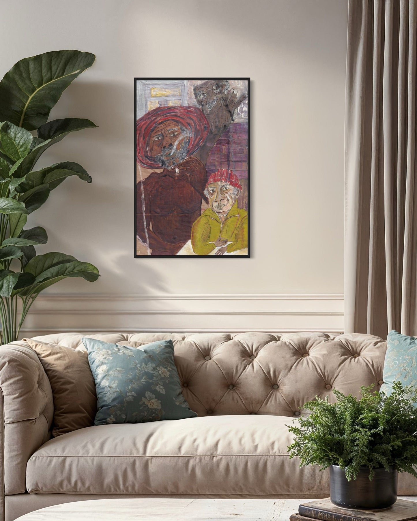 Framed artwork above a beige sofa in a living room setting with plants.