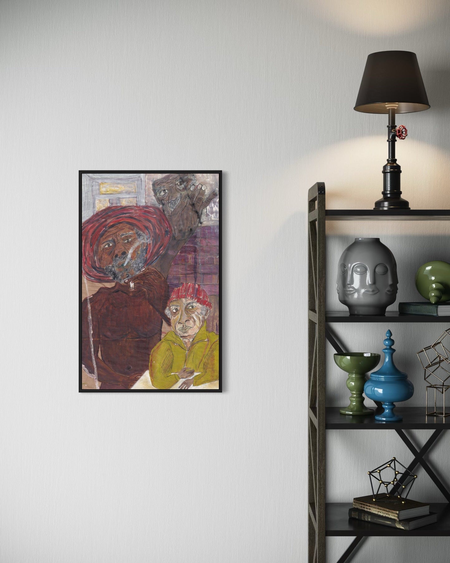 Framed artwork on a wall next to a shelf with decorative items