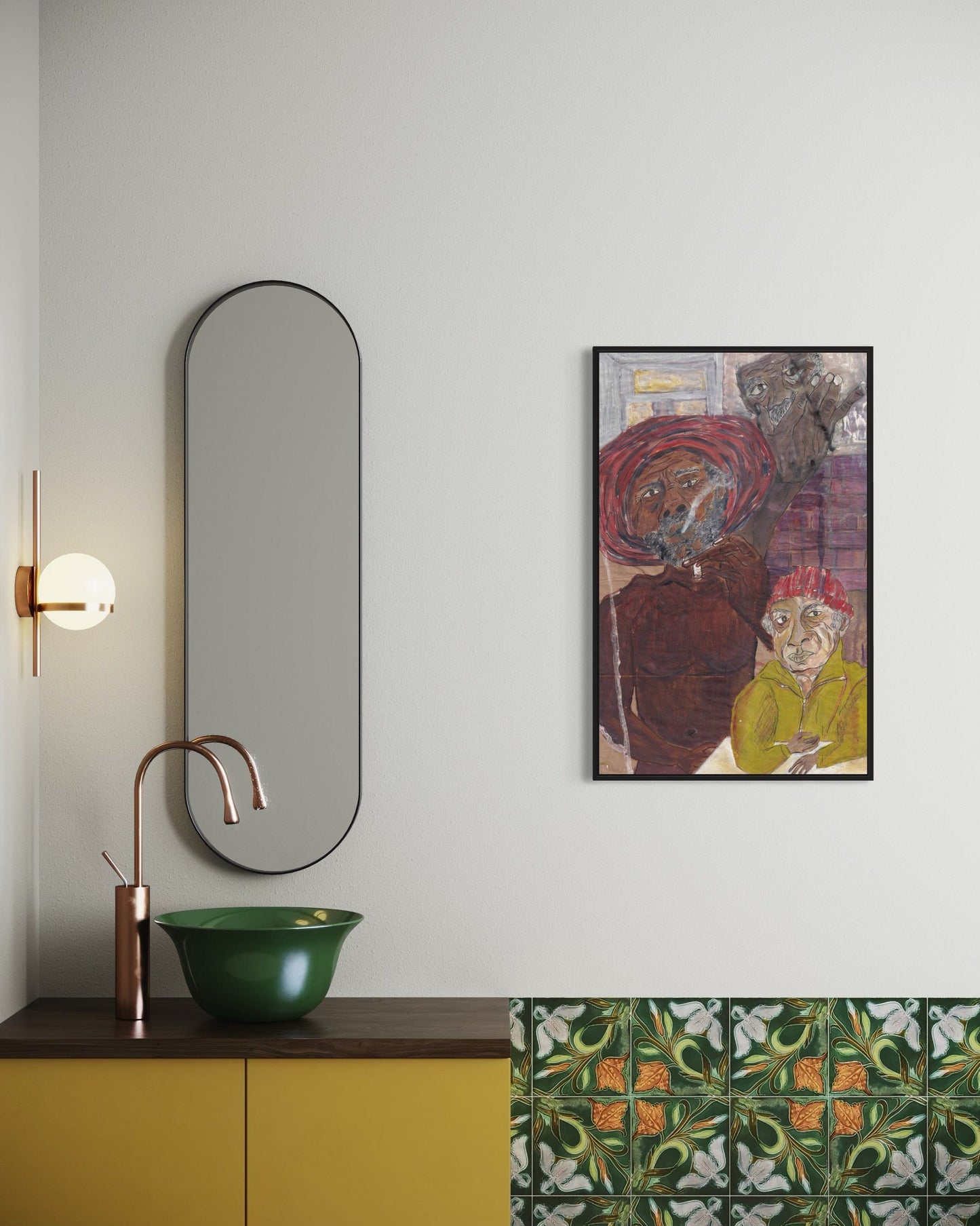 Bathroom interior with a mirror, sink, and wall art on a light gray wall.