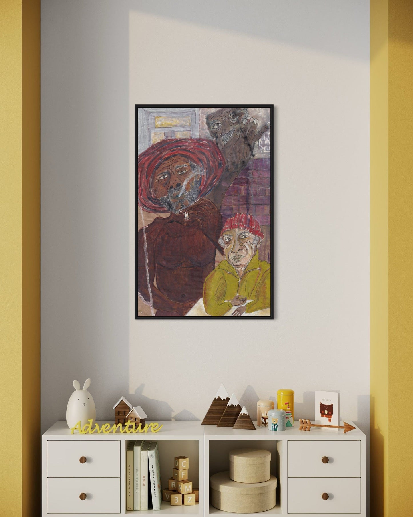 Framed artwork of two figures on a wall with a white shelf below
