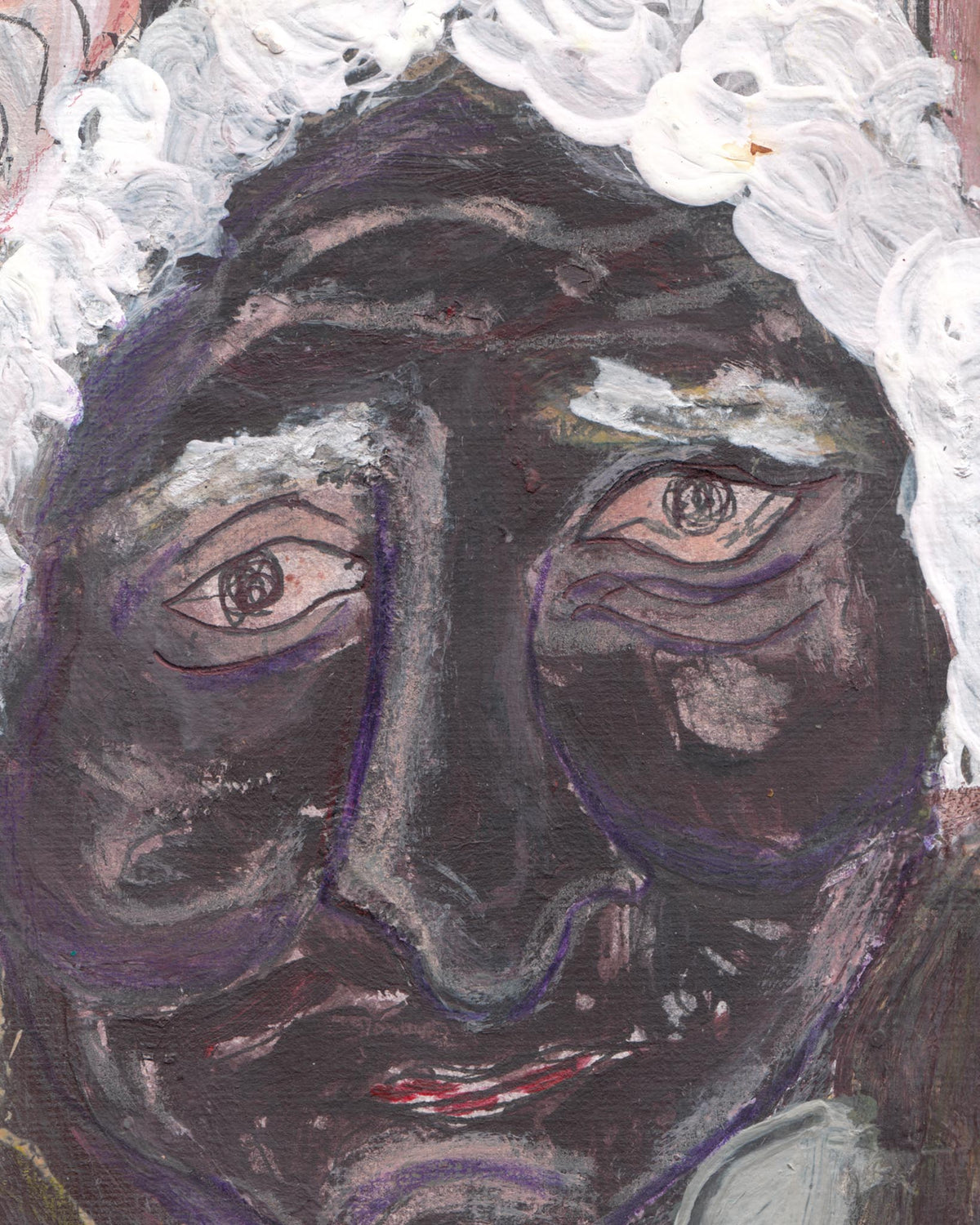 Abstract artwork with a face-like figure and white textured background