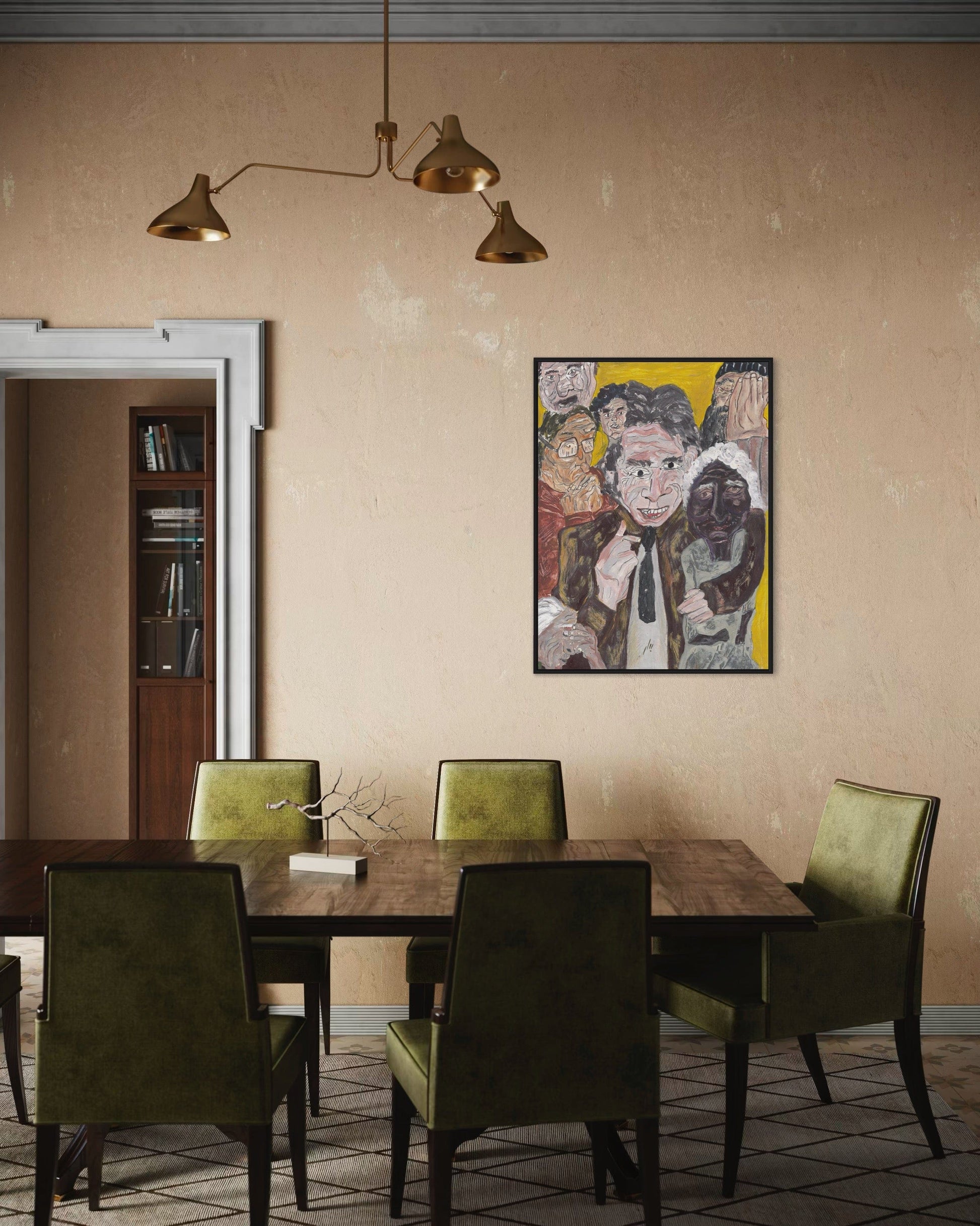 Dining room with wooden table and green chairs, featuring a colorful abstract painting on the wall.