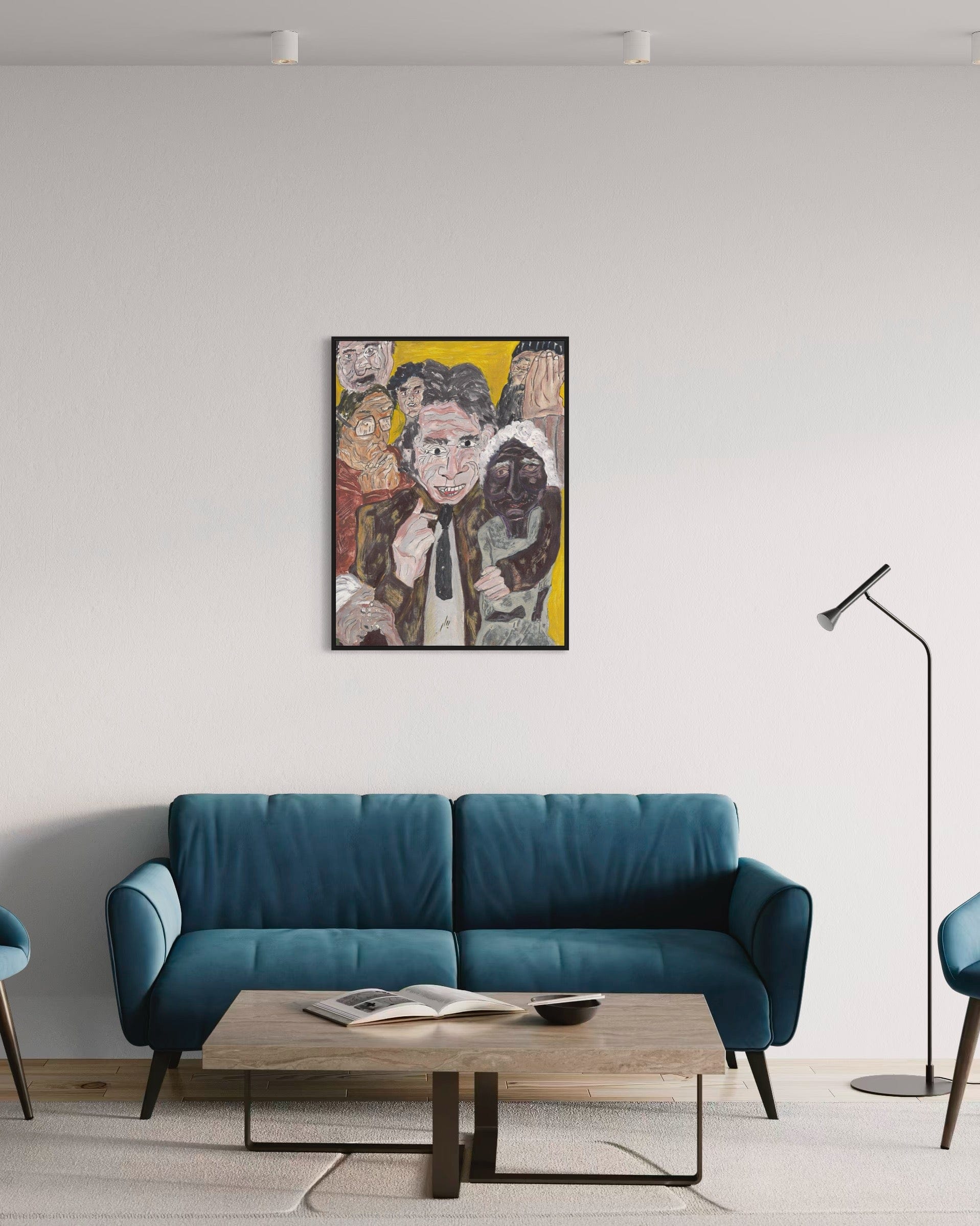 Modern living room with a blue sofa, wooden coffee table, and colorful wall art.