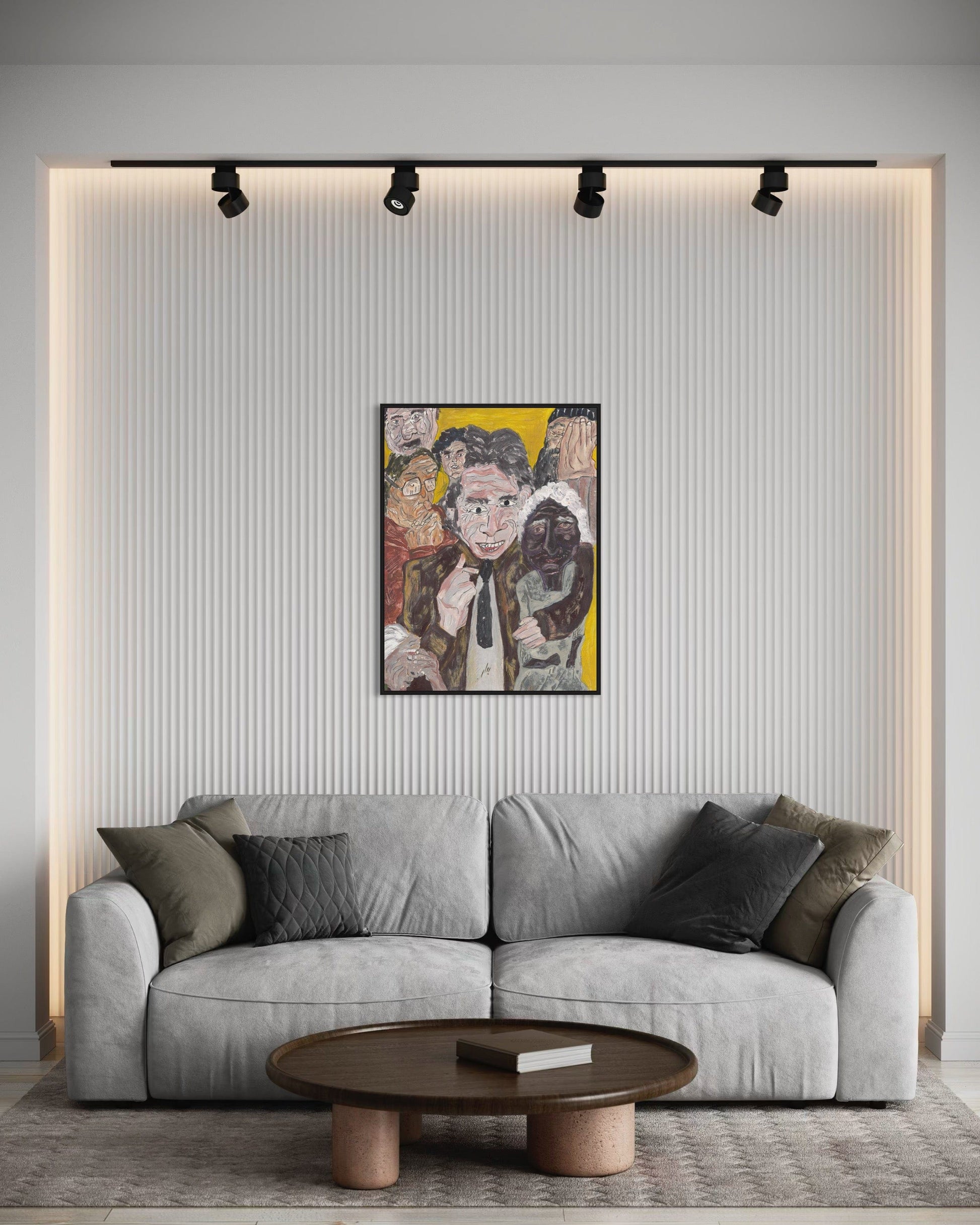 Gray sofa in a living room with a colorful painting on the wall.