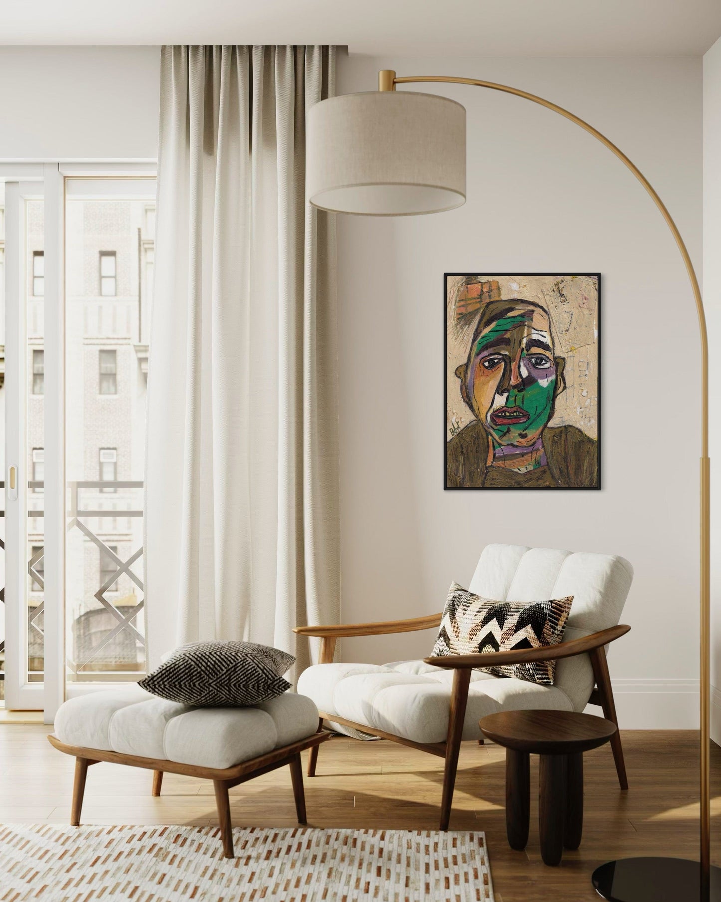 Modern living room with a white armchair, ottoman, and decorative floor lamp.