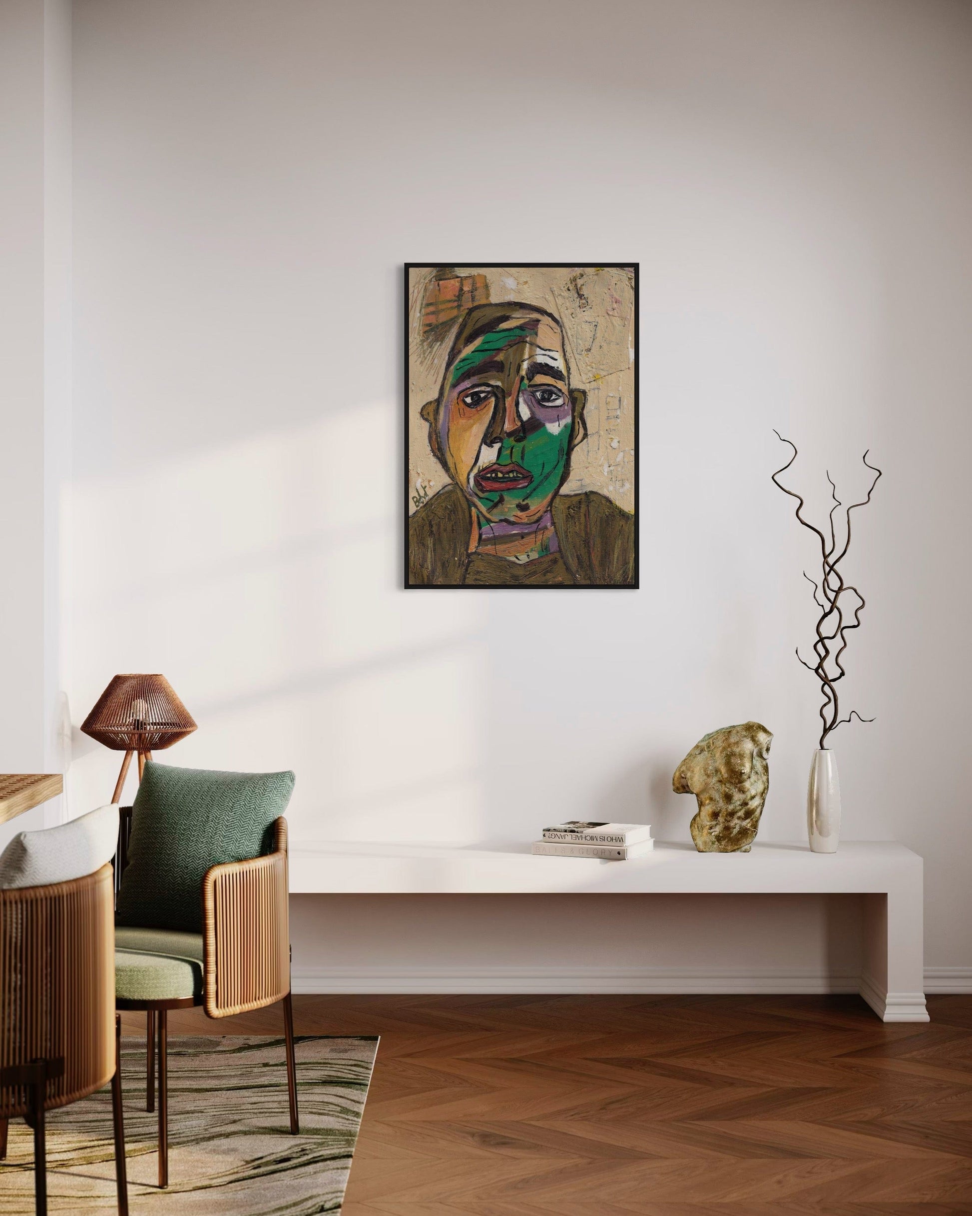 Living room with a painting on the wall, a chair, and a table with decorative items.