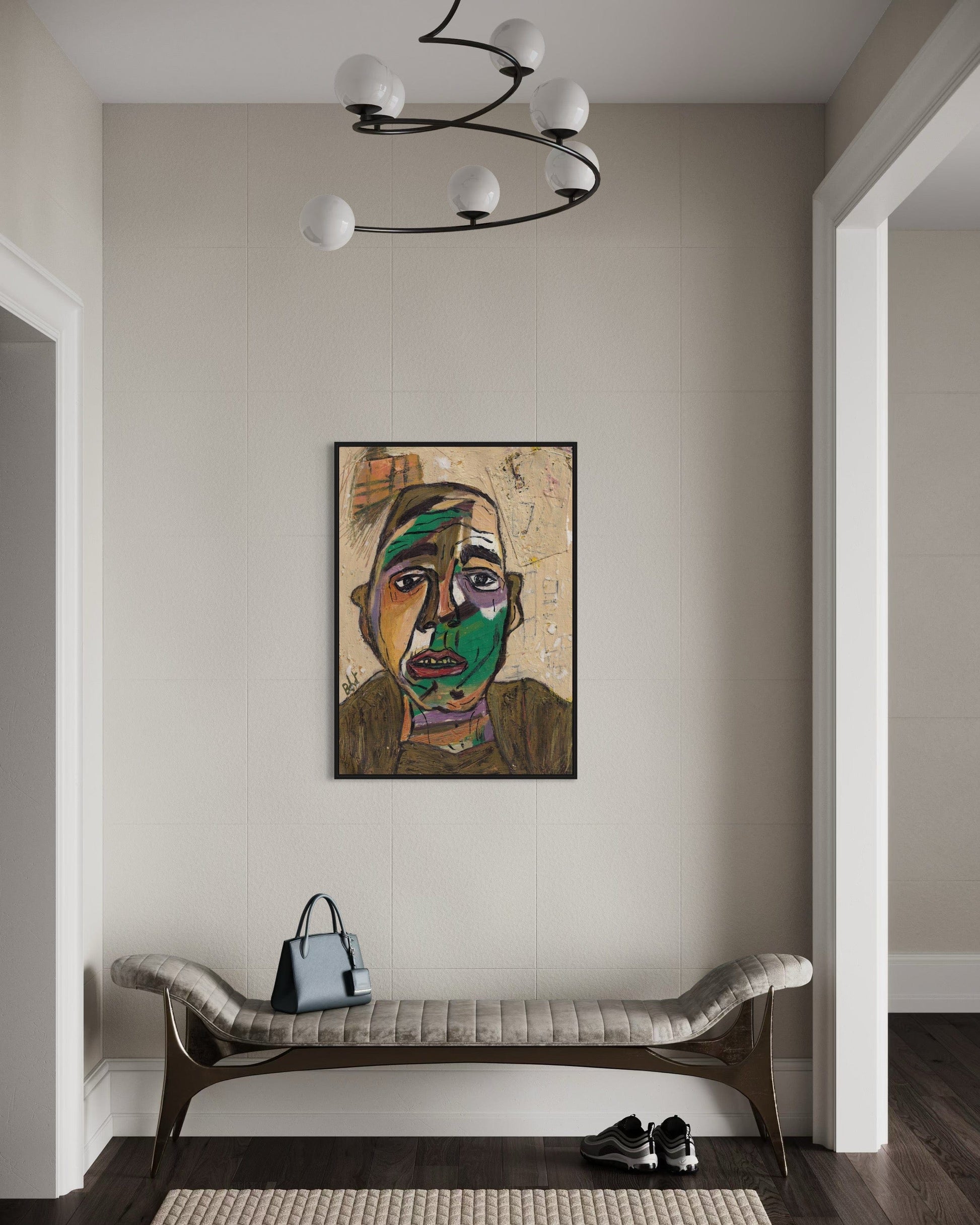 Modern interior with abstract painting on a wall, bench, and chandelier.