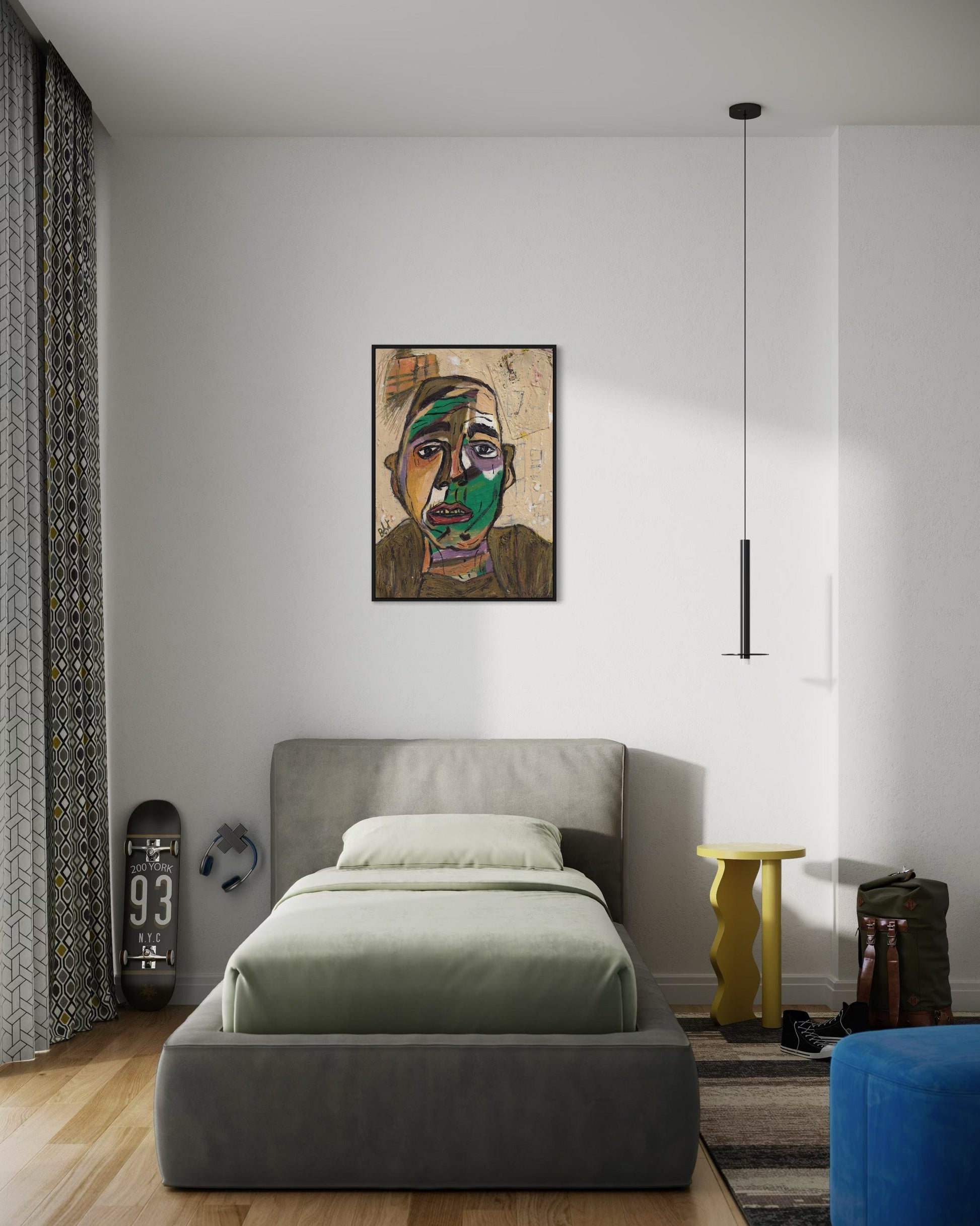 Modern bedroom with gray bed, abstract painting on wall, and yellow side table.
