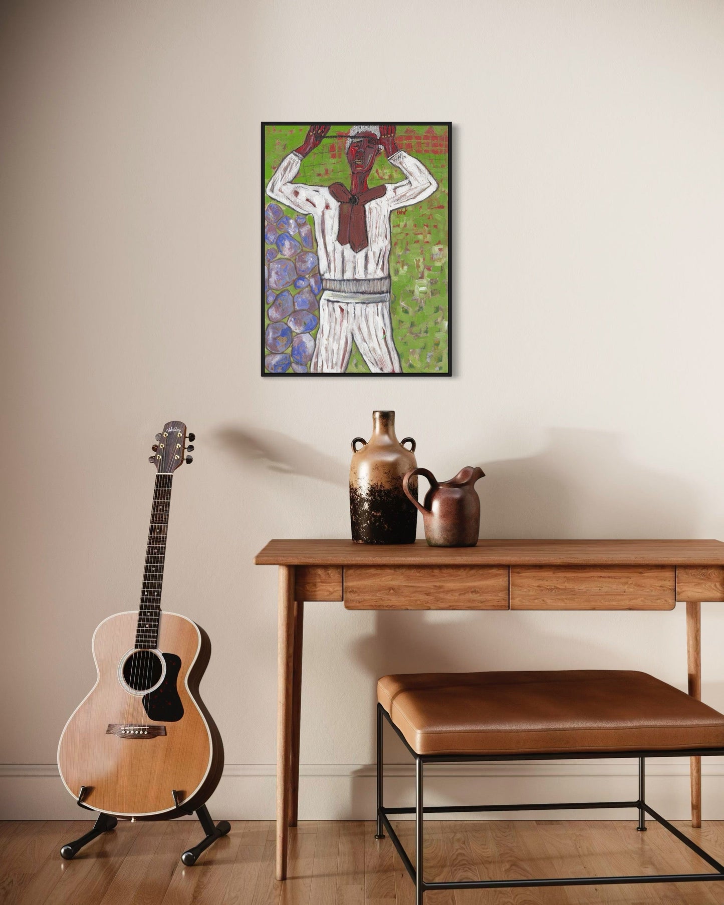 Guitar, wooden table with vases, and bench against a wall with a framed artwork.