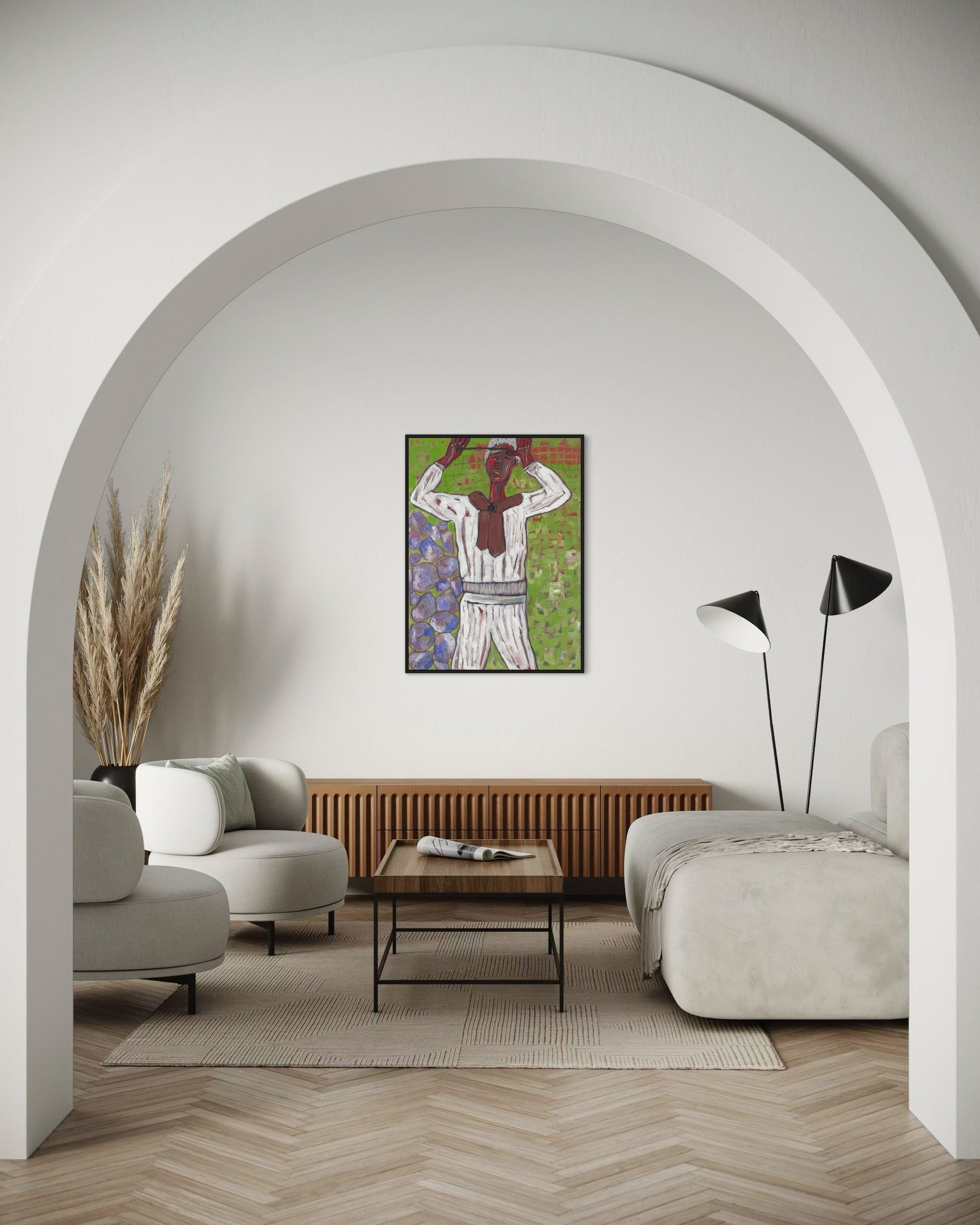 Modern living room with a colorful abstract painting on the wall.