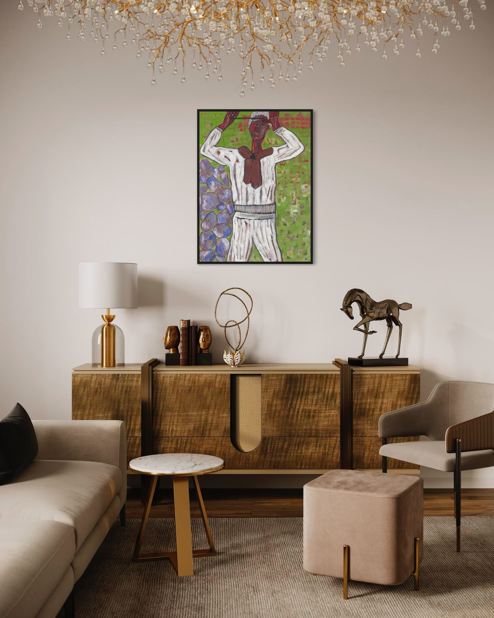 Living room with a wooden console table, sofa, and decorative items.