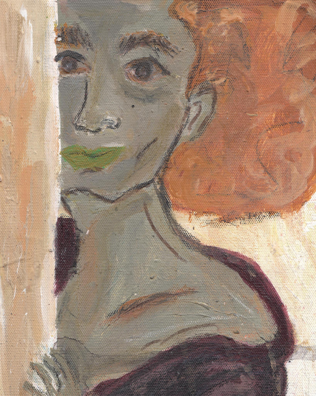 Artistic depiction of a person with red hair and a neutral expression on a textured beige background