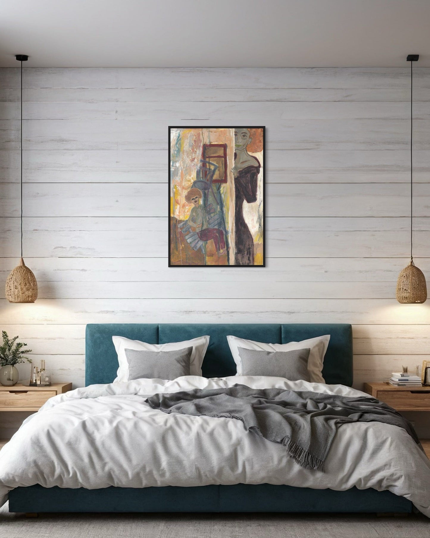 Bedroom with teal bed, white bedding, and a framed abstract painting on the wall.