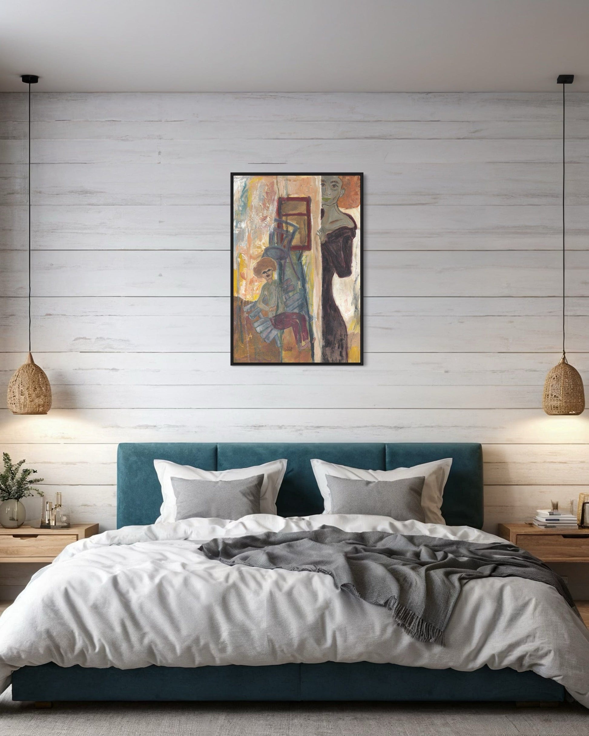 Bedroom with teal bed, white bedding, and a framed abstract painting on the wall.