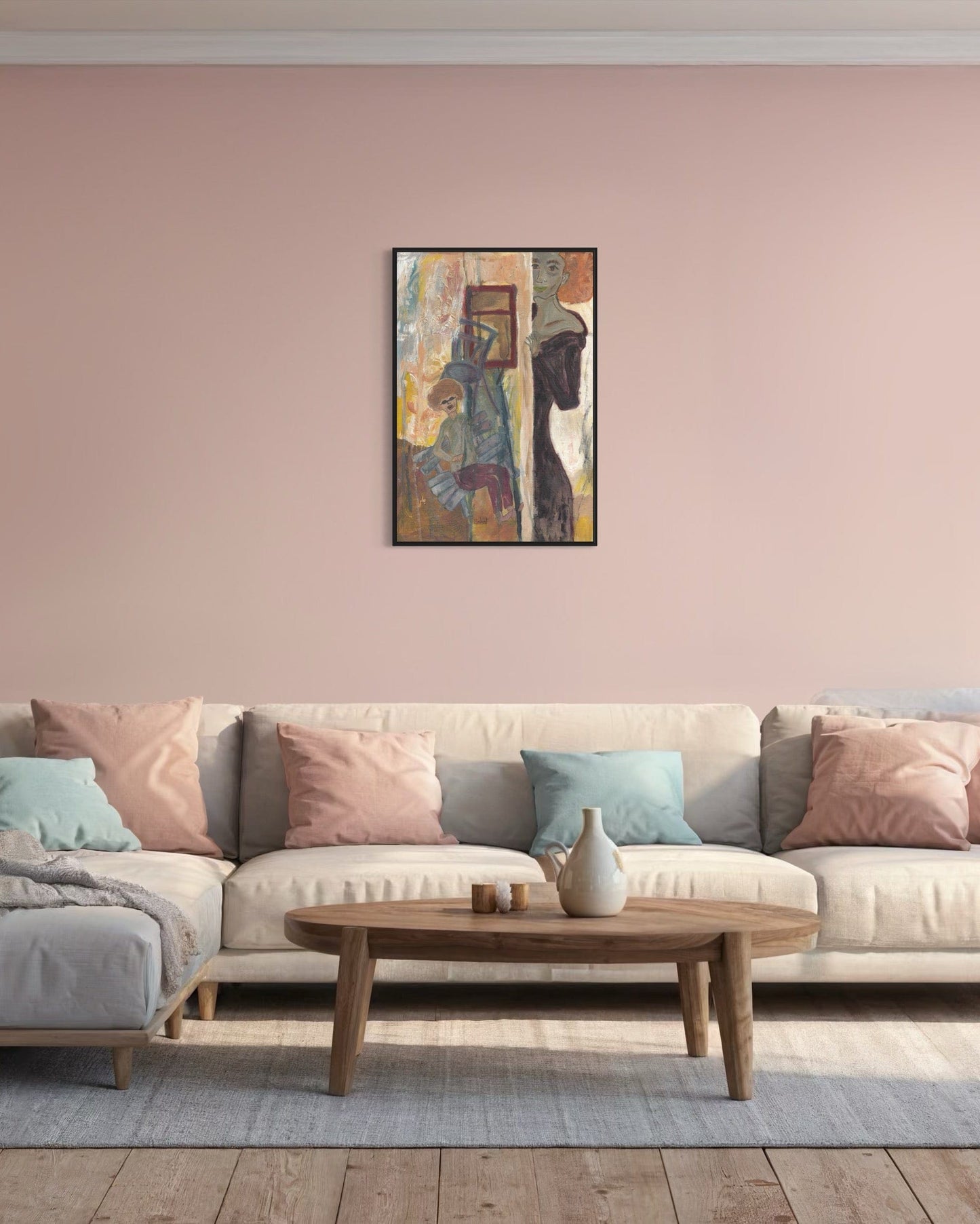 Living room with a beige sofa, wooden coffee table, and a painting on the wall.