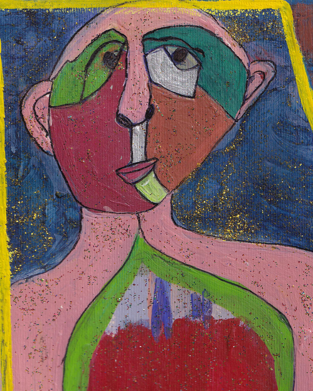 Abstract artwork of a face with green hair and red lips on a blue background