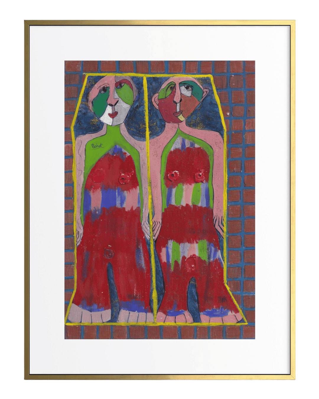 Framed artwork of two abstract figures in red and green with a checkered pattern.