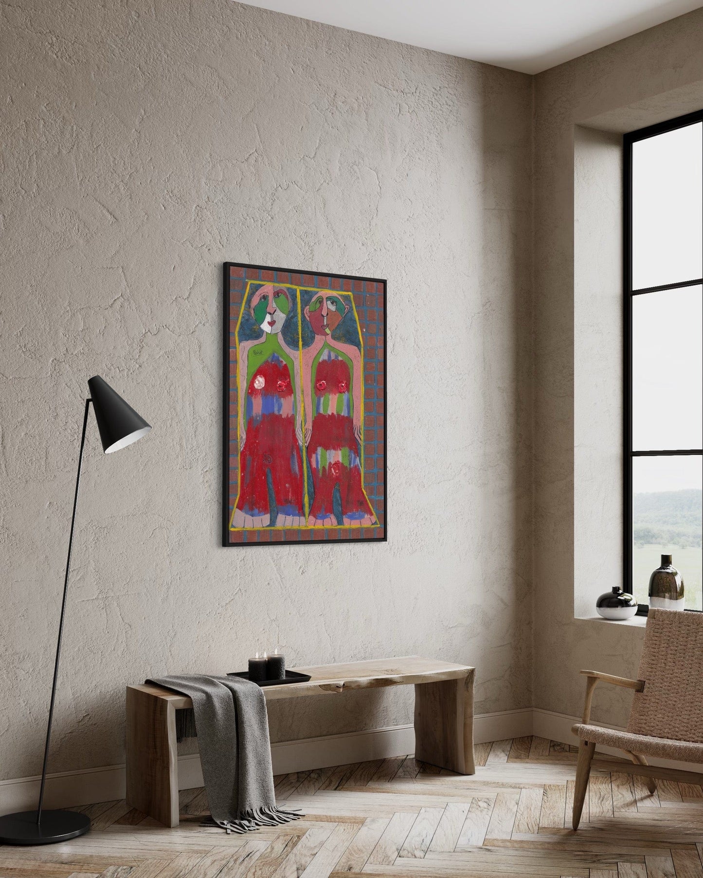 Colorful abstract painting on a beige wall in a modern room with a bench and chair.