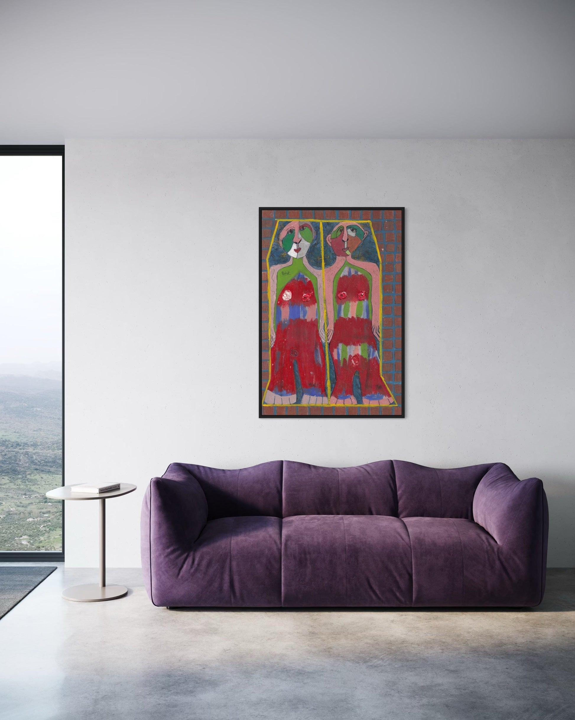 Purple sofa in a modern living room with a colorful abstract painting on the wall.