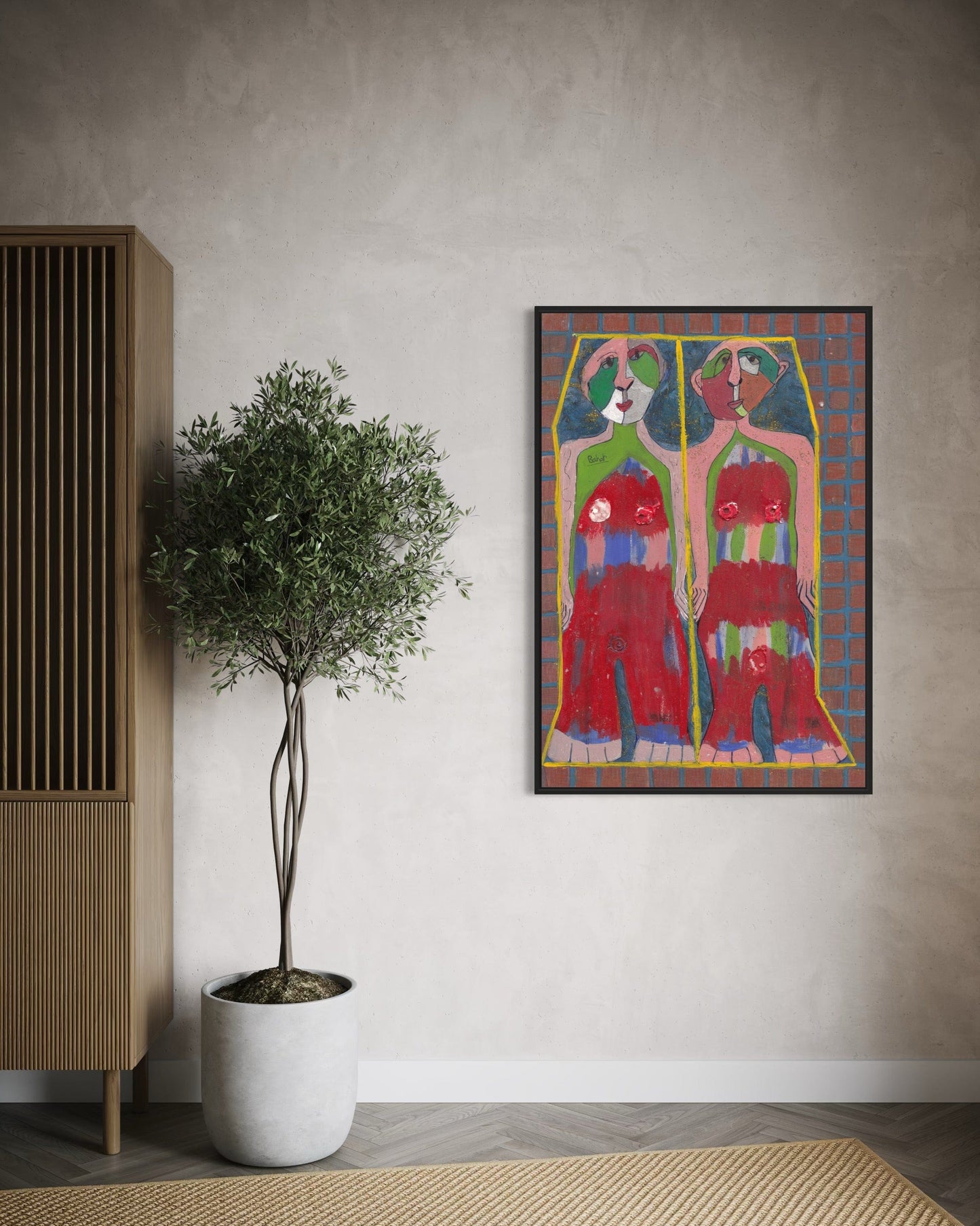 Modern interior with a plant, wooden cabinet, and colorful abstract painting on a gray wall.