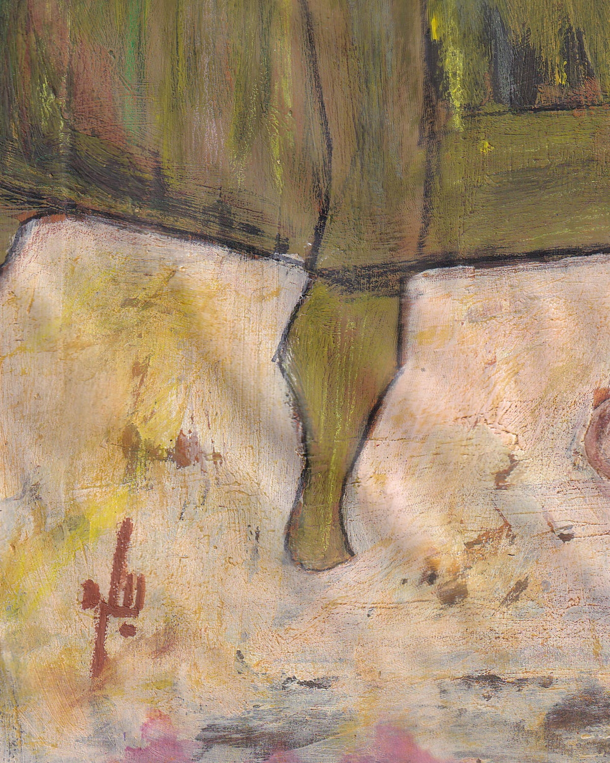 Abstract art with green, yellow, and brown colors on a textured surface.