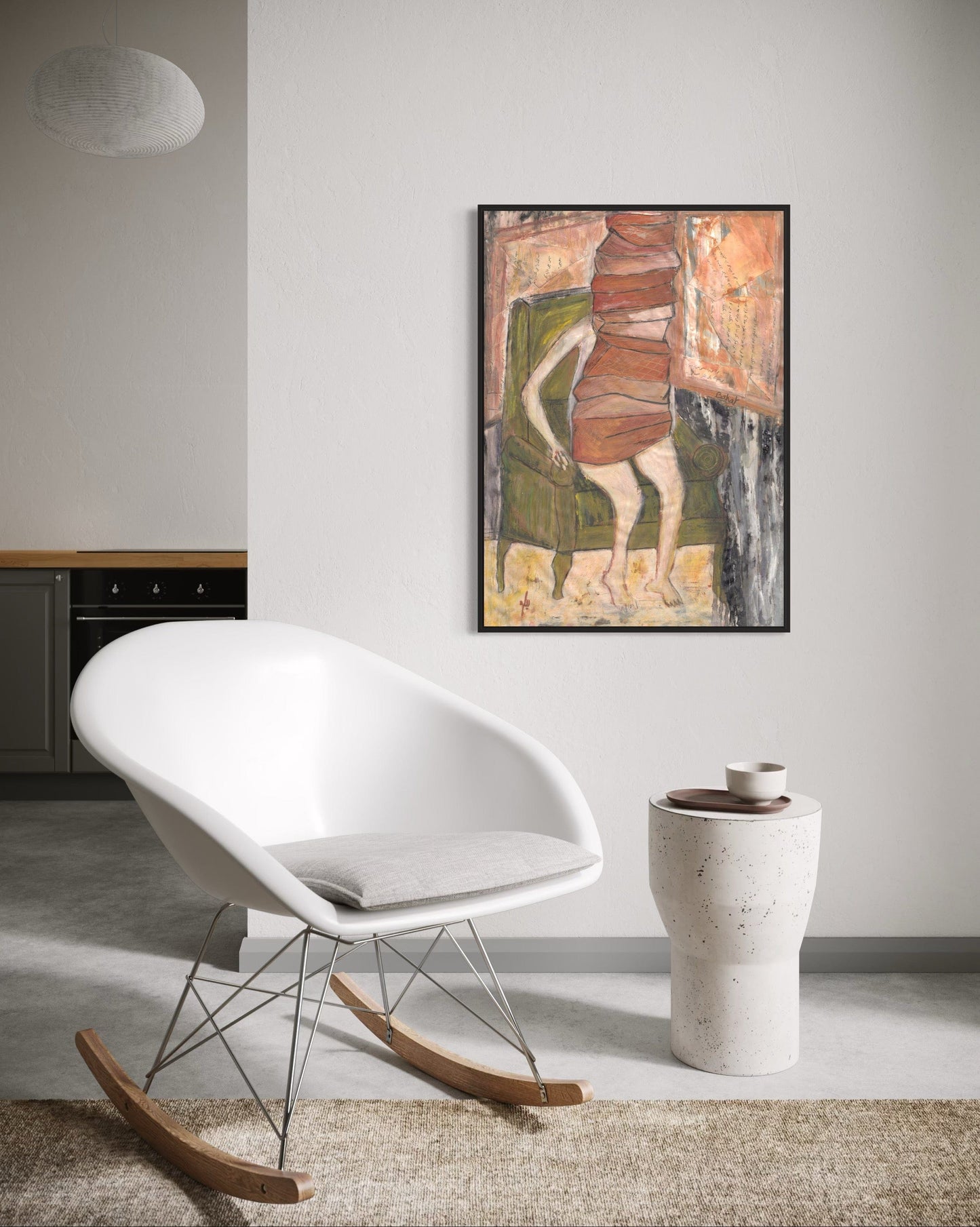 Modern interior with a white rocking chair, abstract painting, and decorative vase.