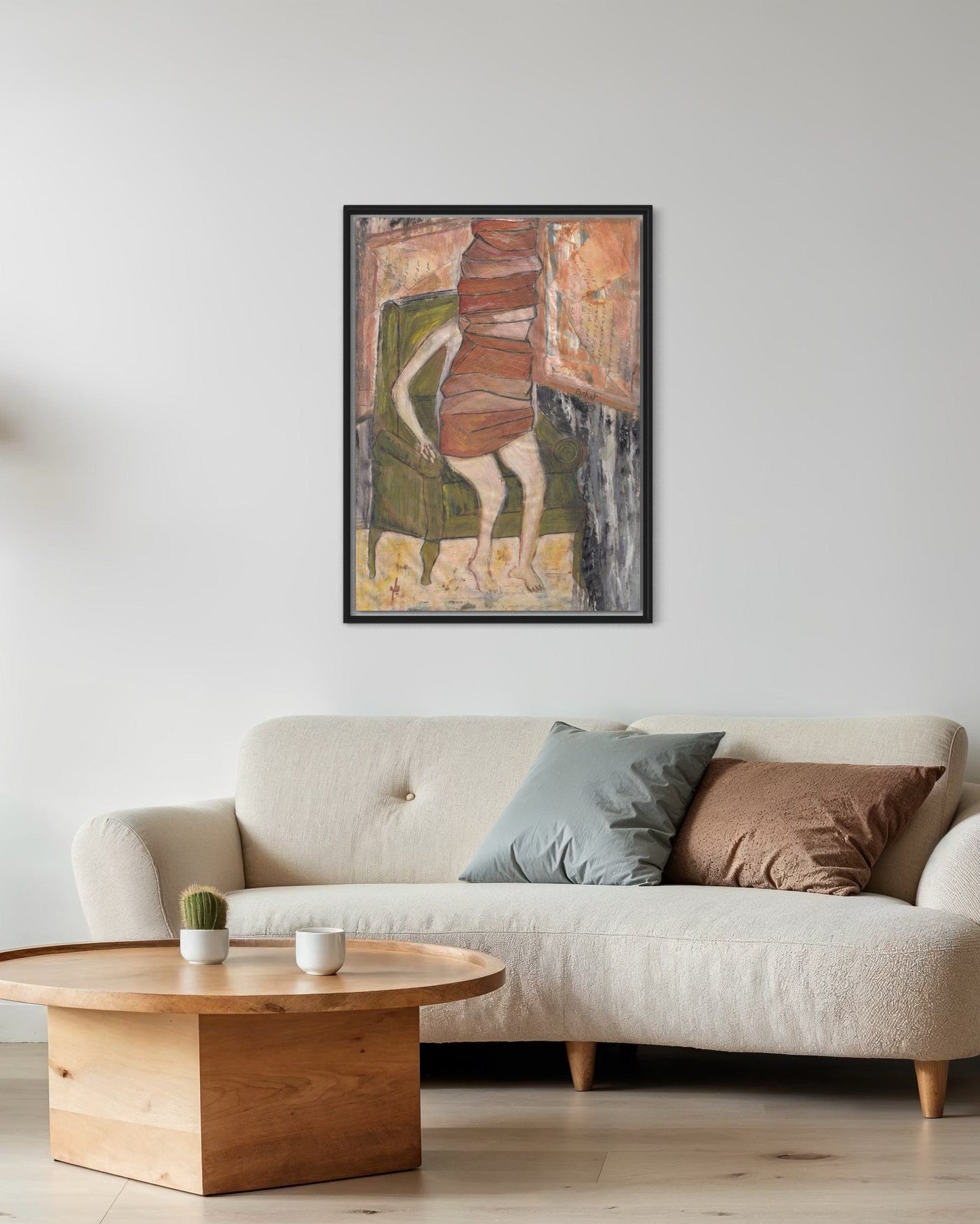 Living room with a beige sofa, wooden coffee table, and abstract painting on the wall.