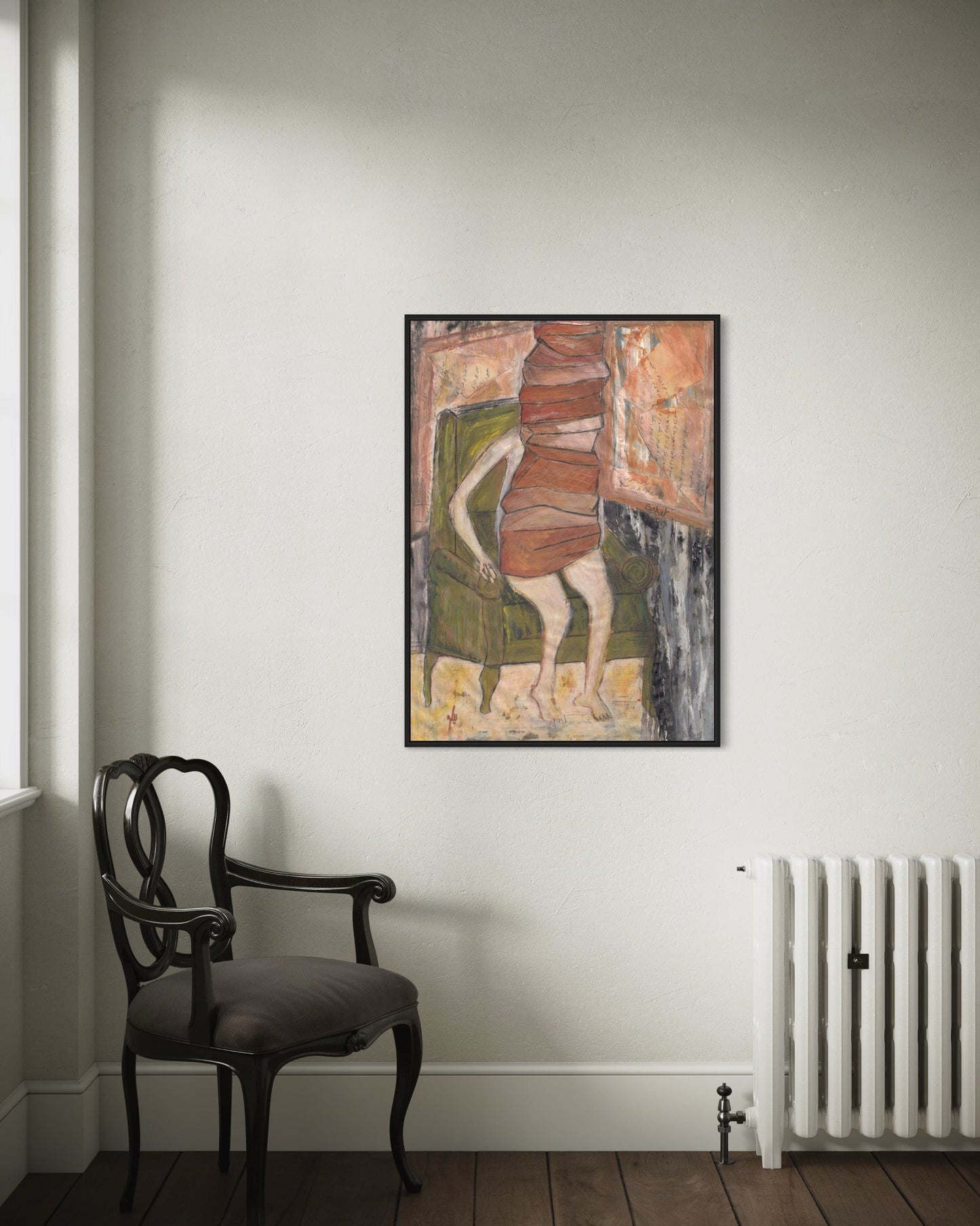 Artistic abstract painting on a wall above a chair and radiator.
