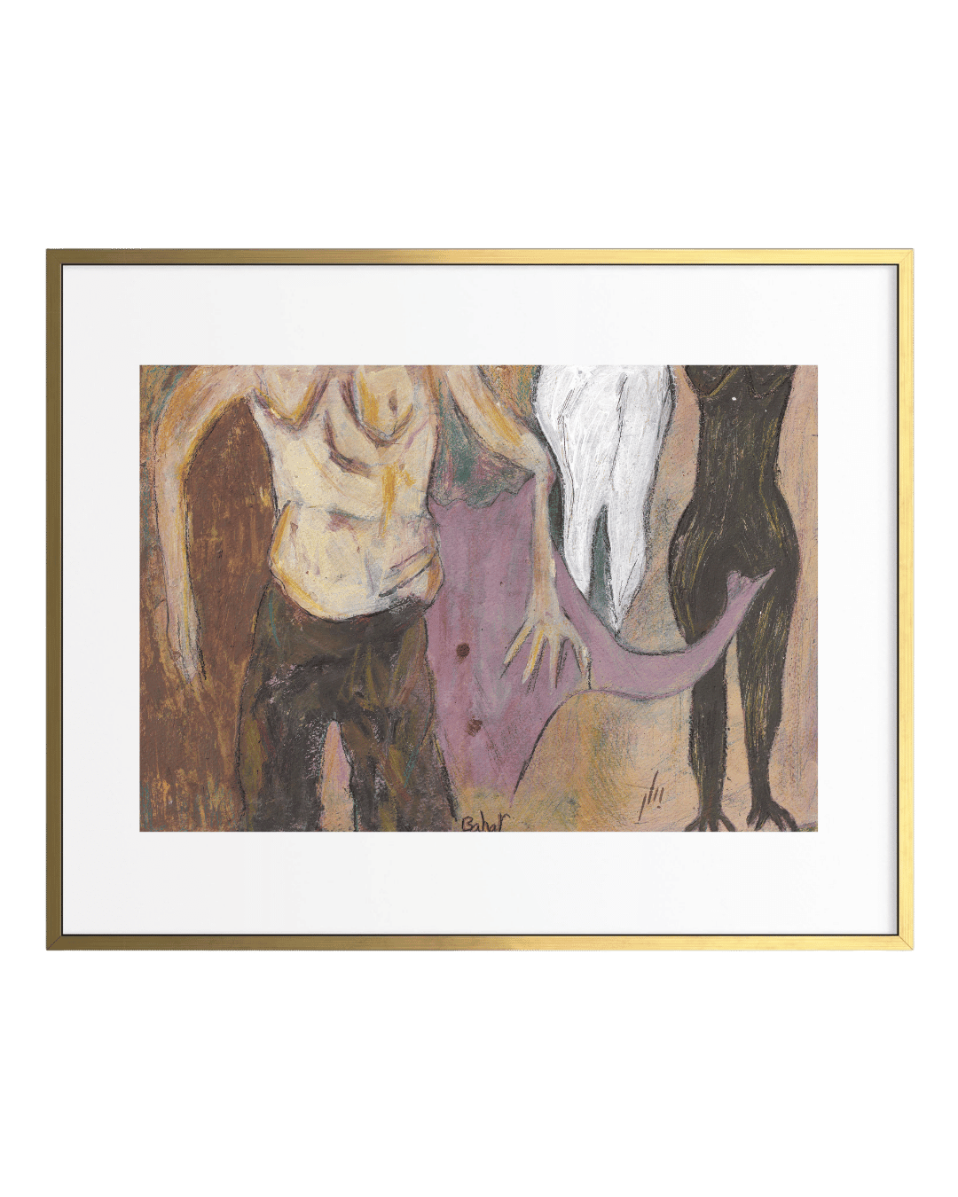 Framed abstract artwork with a gold frame on a green background