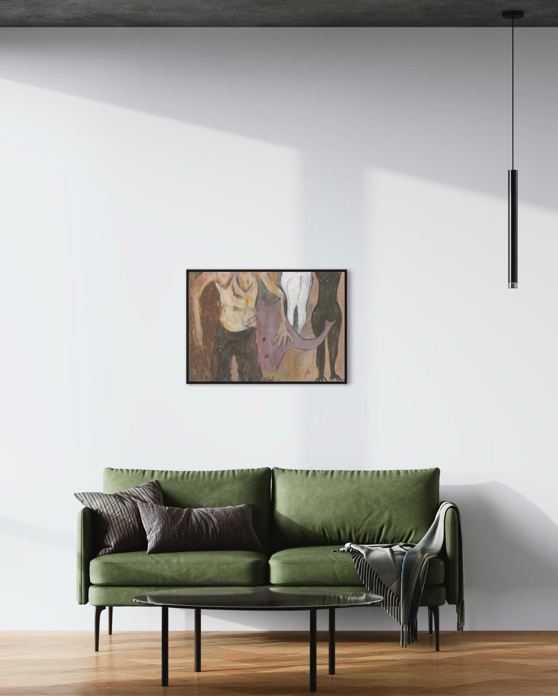 Green sofa in a modern living room with a painting on the wall.