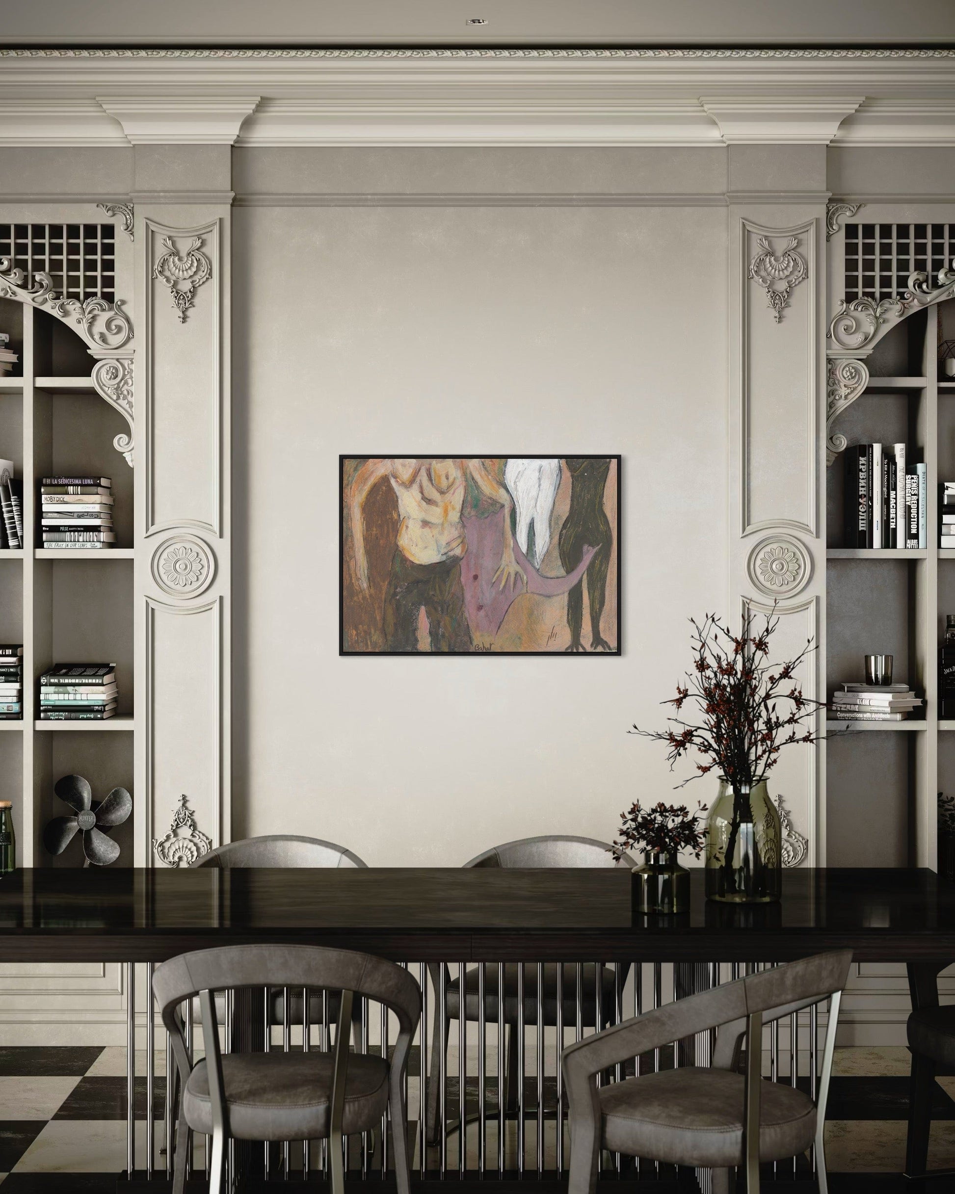 Dining room with a large abstract painting on the wall, wooden table, and chairs.