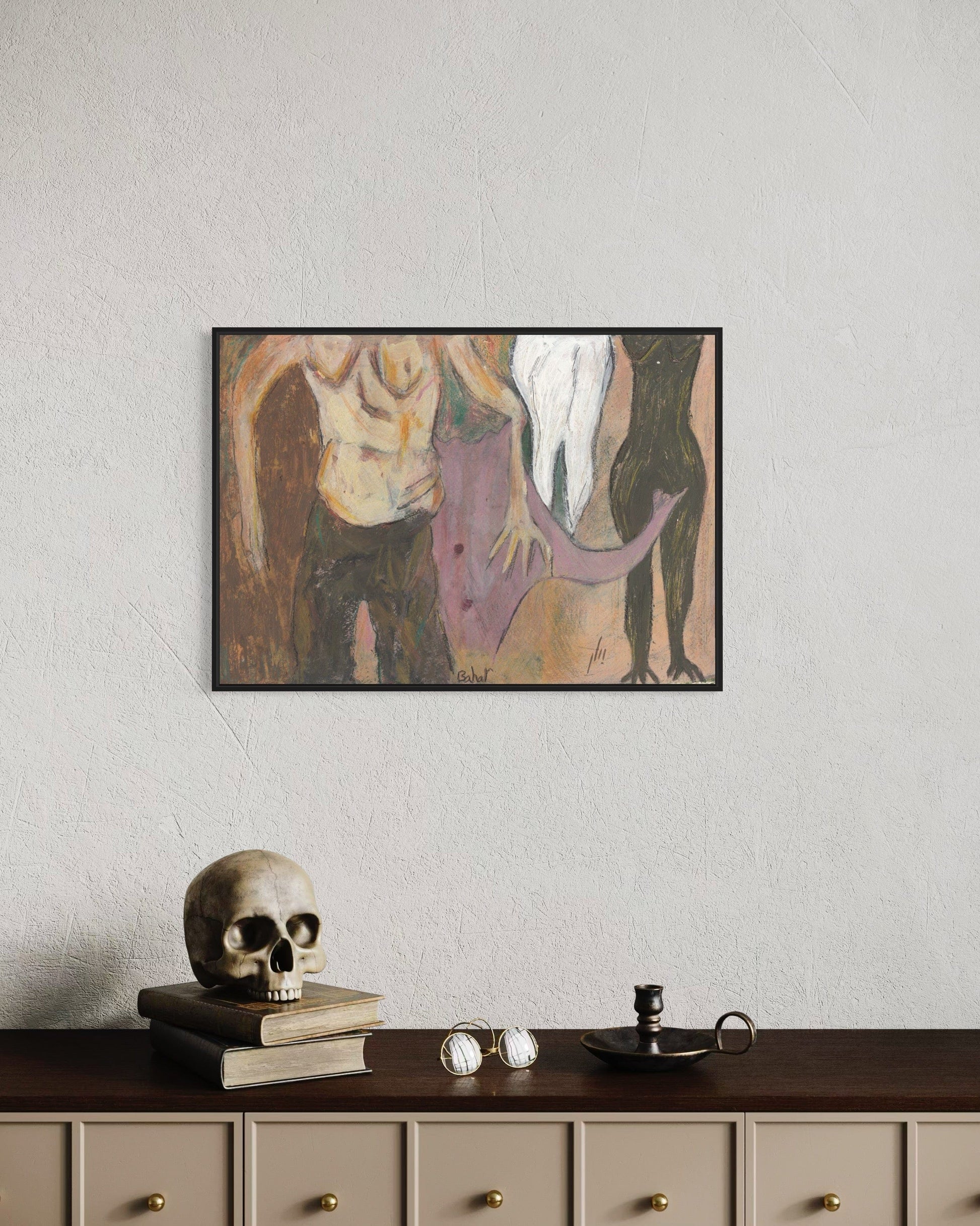Abstract painting on a wall above a wooden shelf with decorative items.