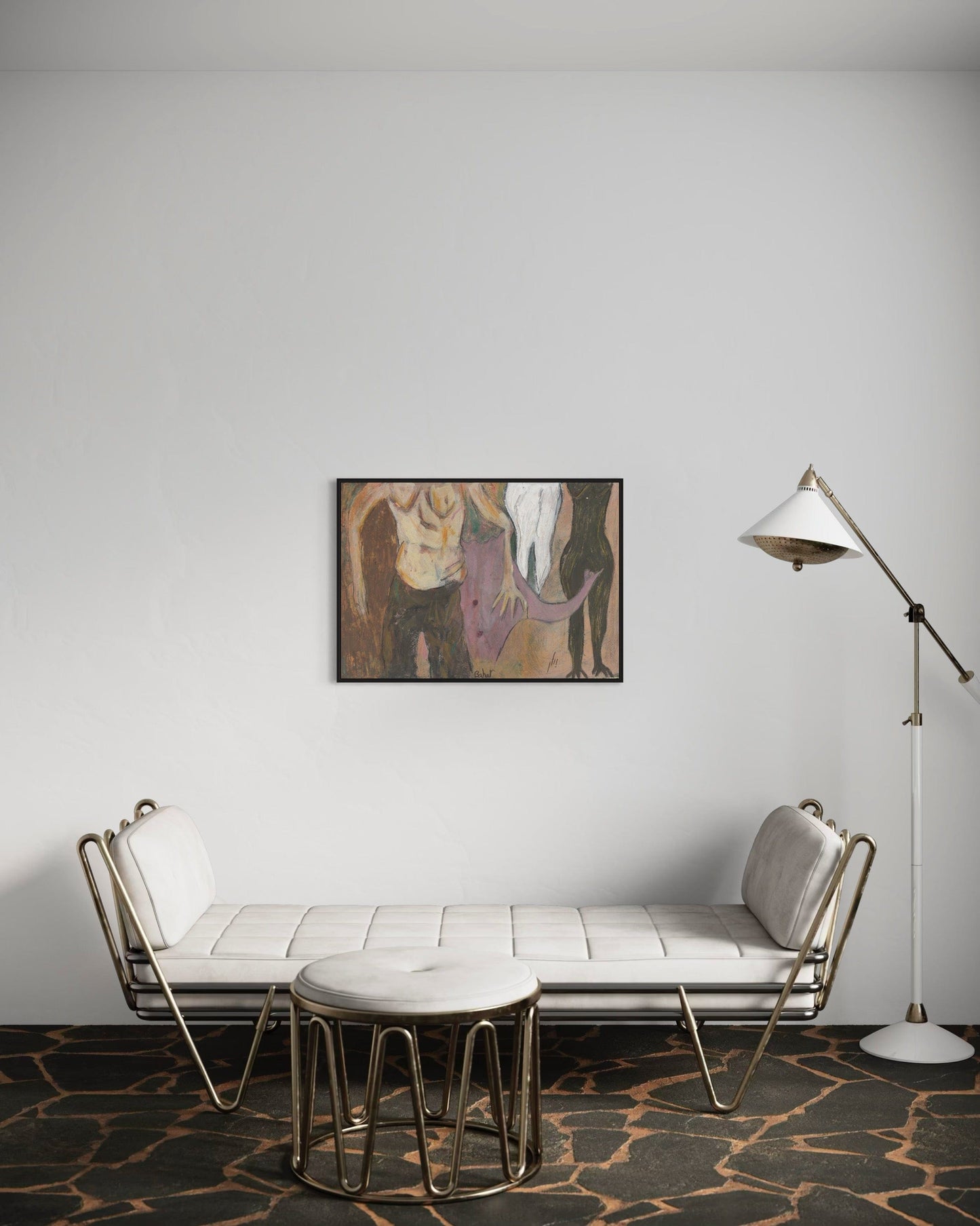 Modern living room with a white sofa, abstract painting, and floor lamp.