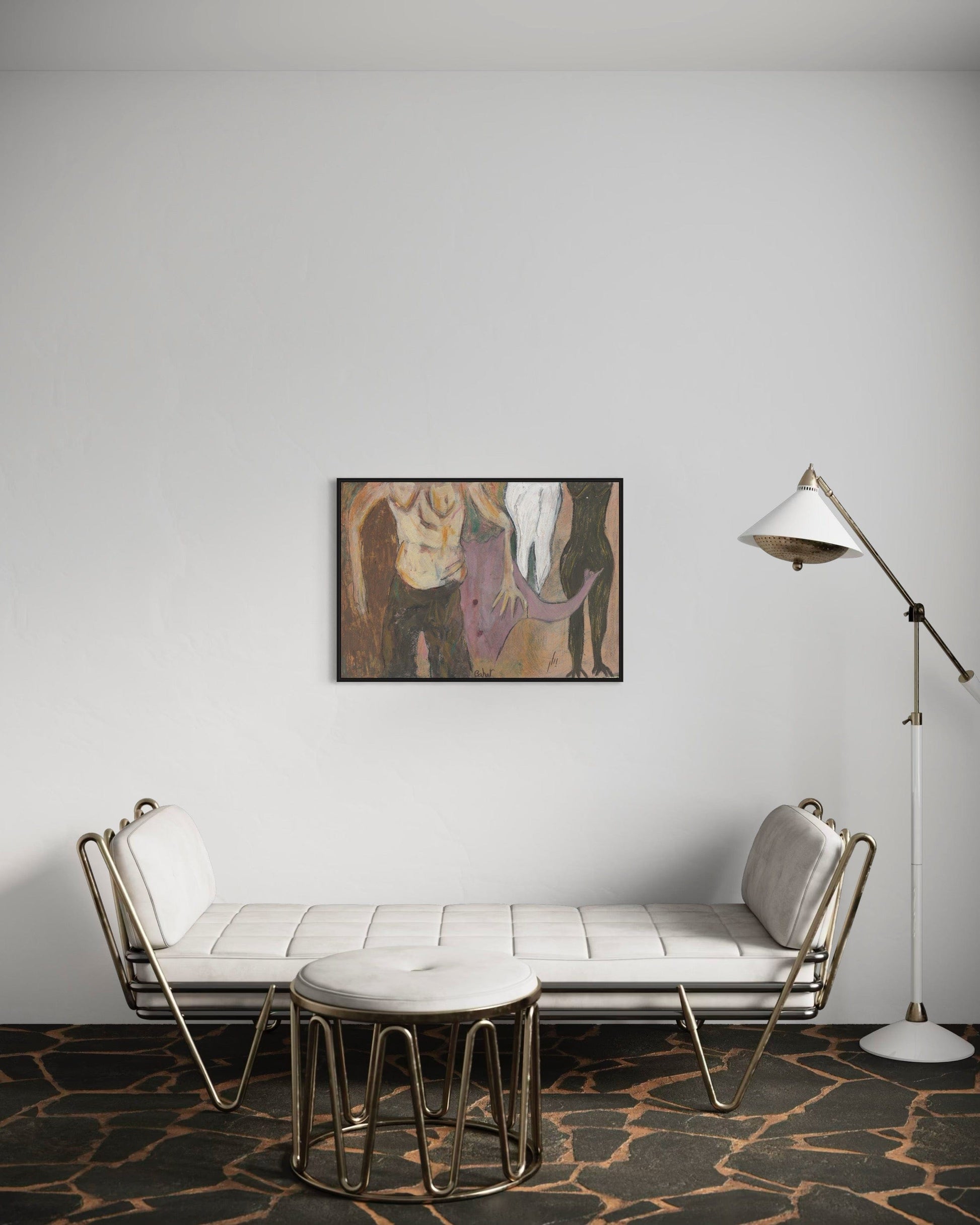 Modern living room with a white sofa, abstract painting, and floor lamp.