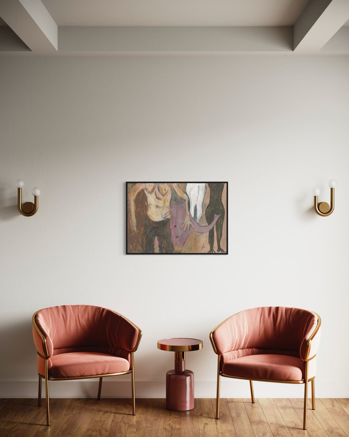 Two pink chairs with gold frames in a room with a wall painting.