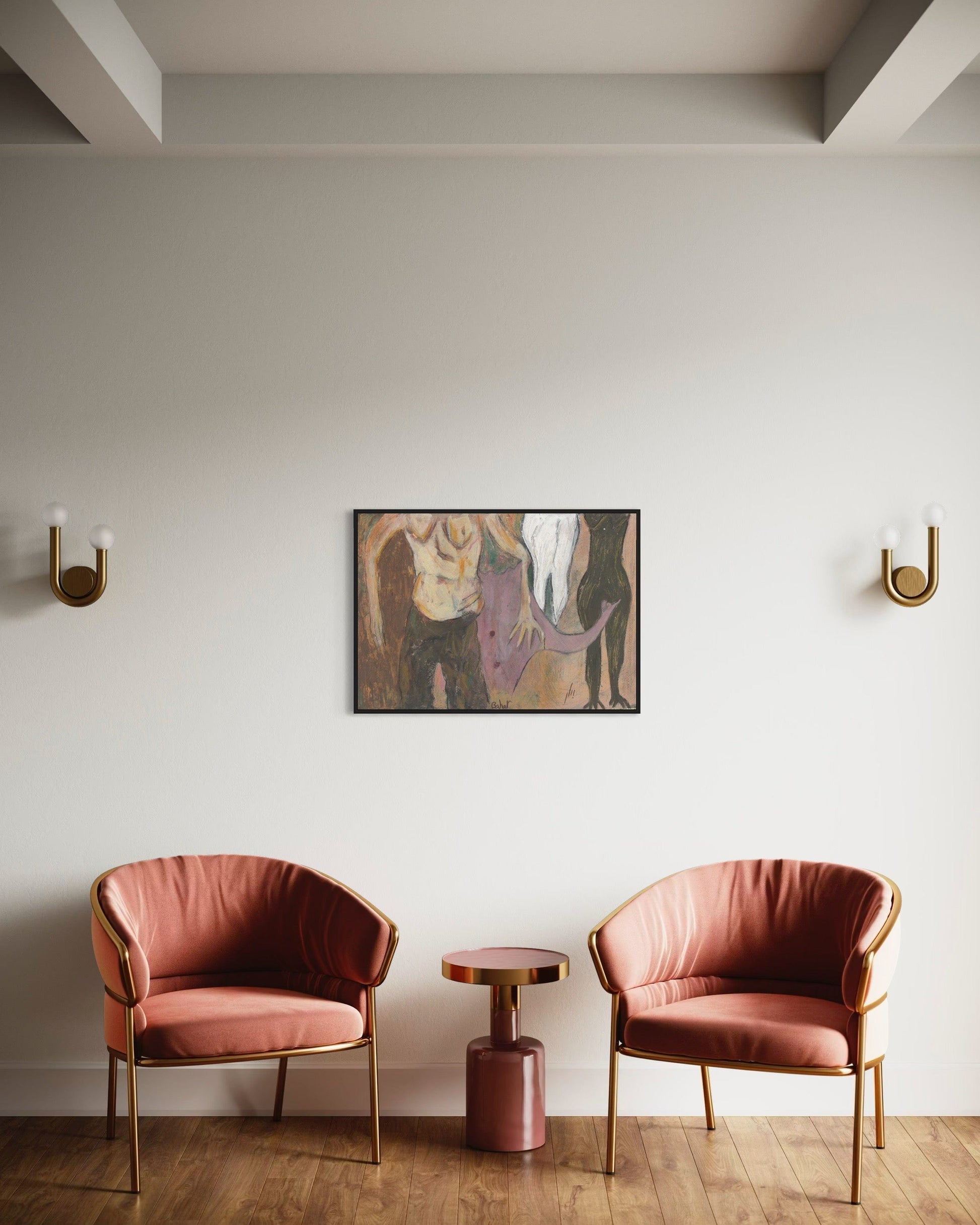 Two pink chairs with gold frames in a room with a wall painting.