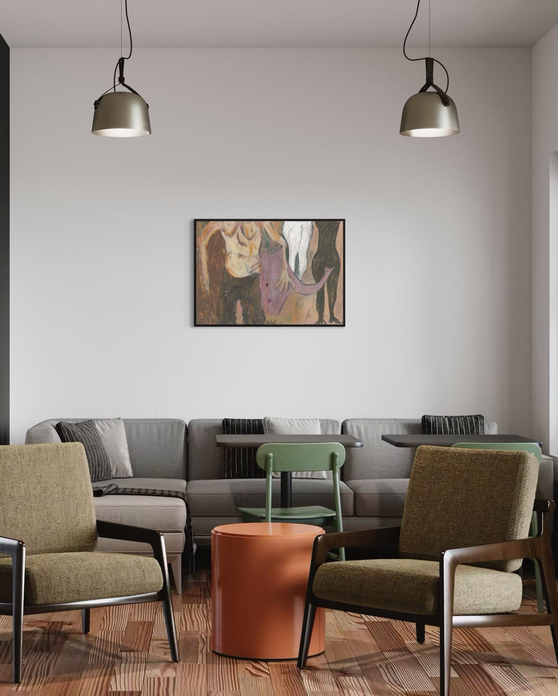 Modern interior with gray sofa, green chairs, and a painting on the wall.