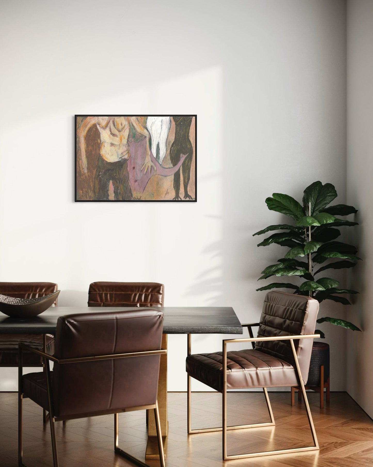 Modern dining room with a table, chairs, and a plant against a white wall.