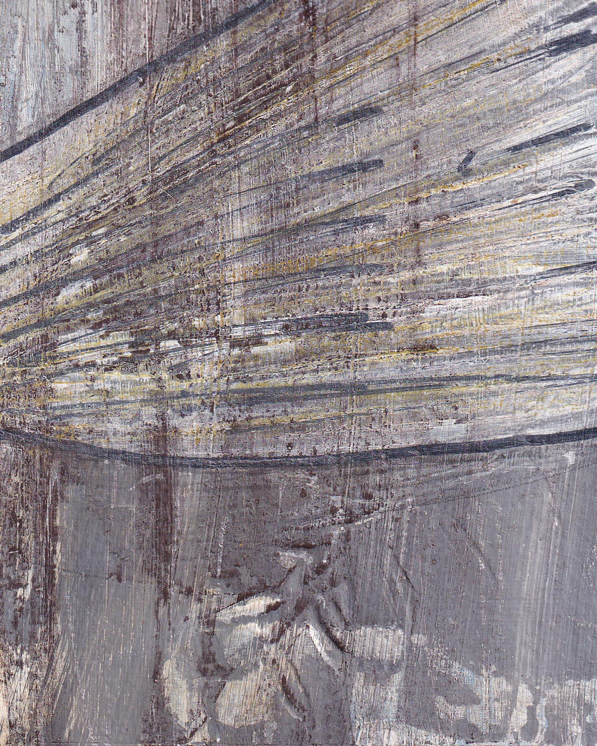 Abstract art with horizontal brush strokes in gray, black, and beige.